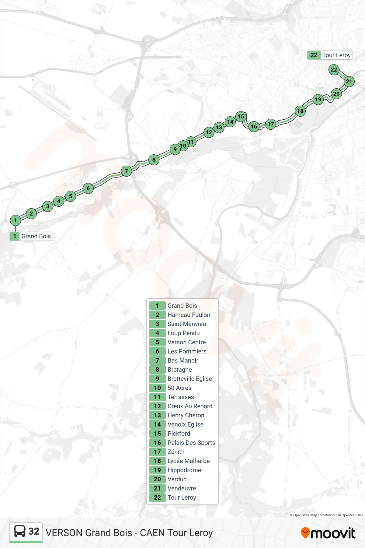 Tracé et arrêts de la ligne 32 de bus (Caen Tour Leroy) sur une carte