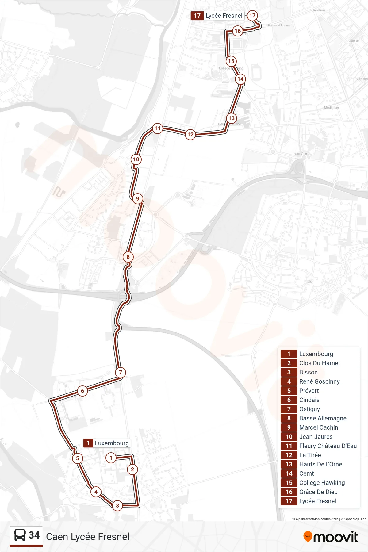 Tracé et arrêts de la ligne 34 de bus (Caen Lycée Fresnel) sur une carte