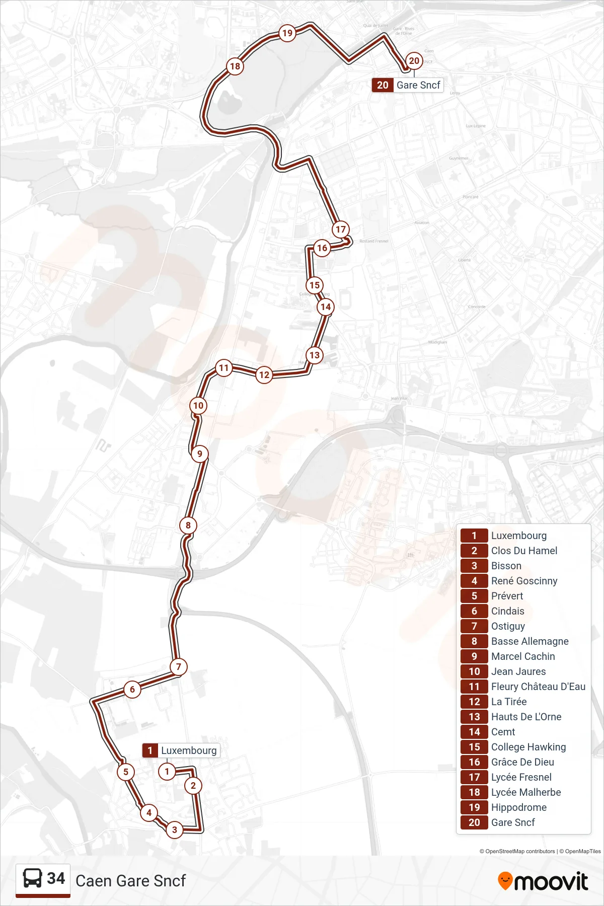 Tracé et arrêts de la ligne 34 de bus (Caen Gare Sncf) sur une carte