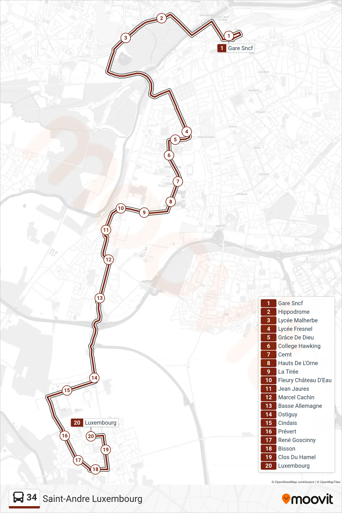 Tracé et arrêts de la ligne 34 de bus (Saint-Andre Luxembourg) sur une carte