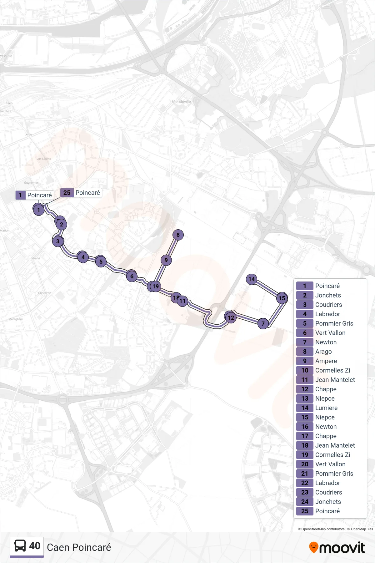 Tracé et arrêts de la ligne 40 de bus (Caen Poincaré) sur une carte