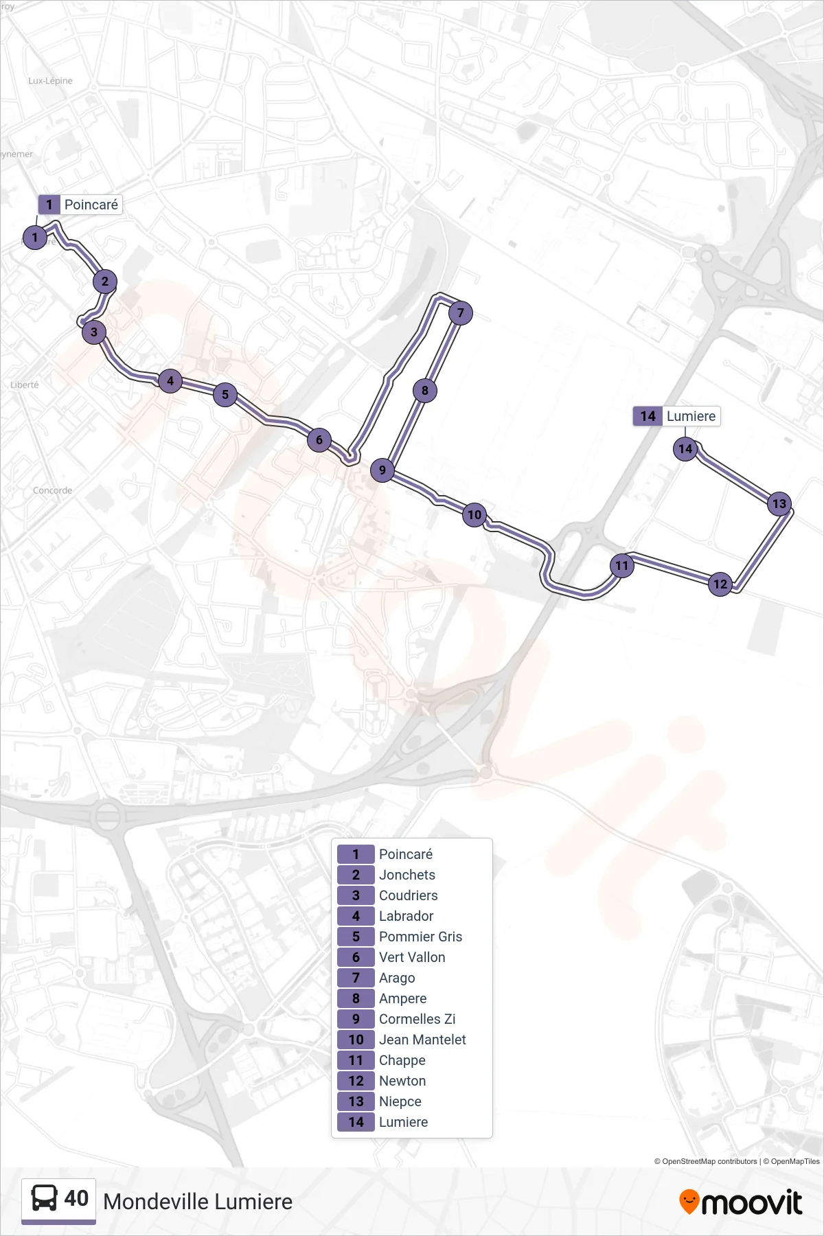 Tracé et arrêts de la ligne 40 de bus (Mondeville Lumiere) sur une carte