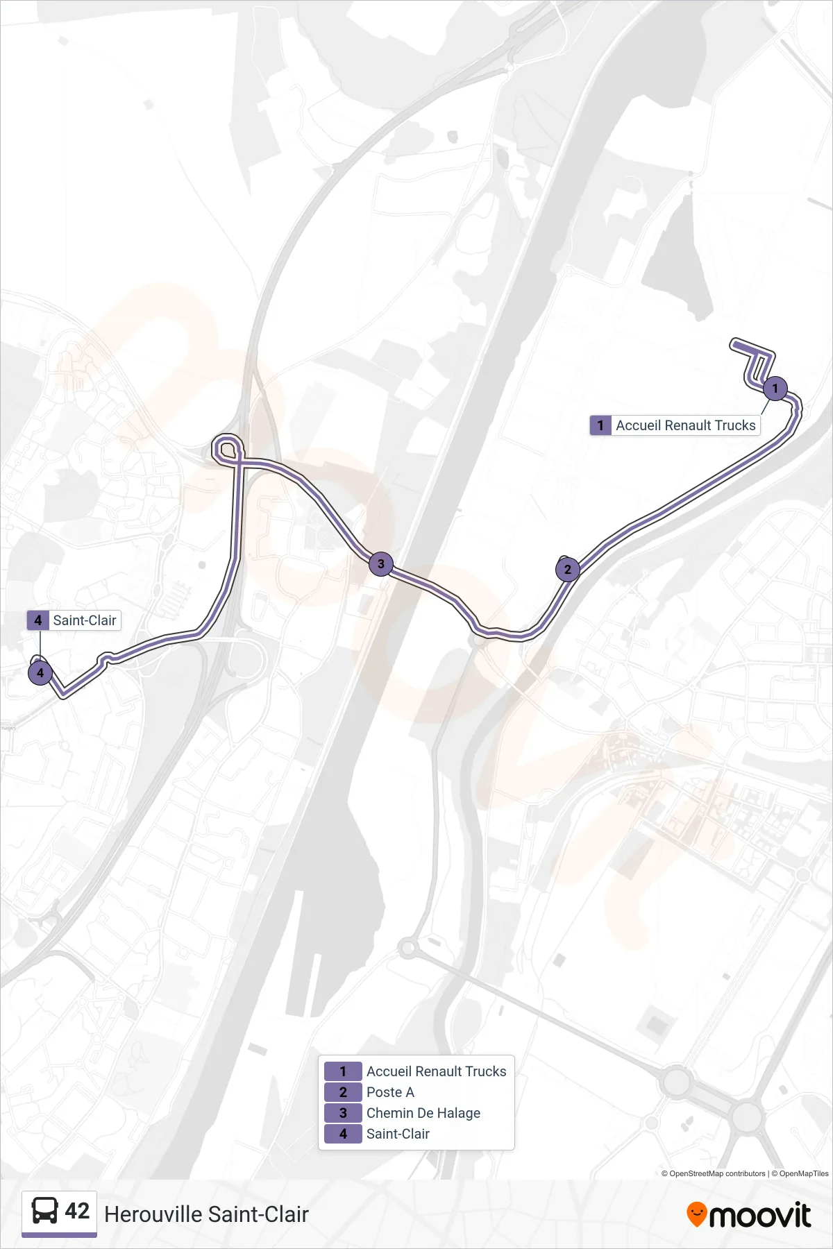 Tracé et arrêts de la ligne 42 de bus (Herouville Saint-Clair) sur une carte