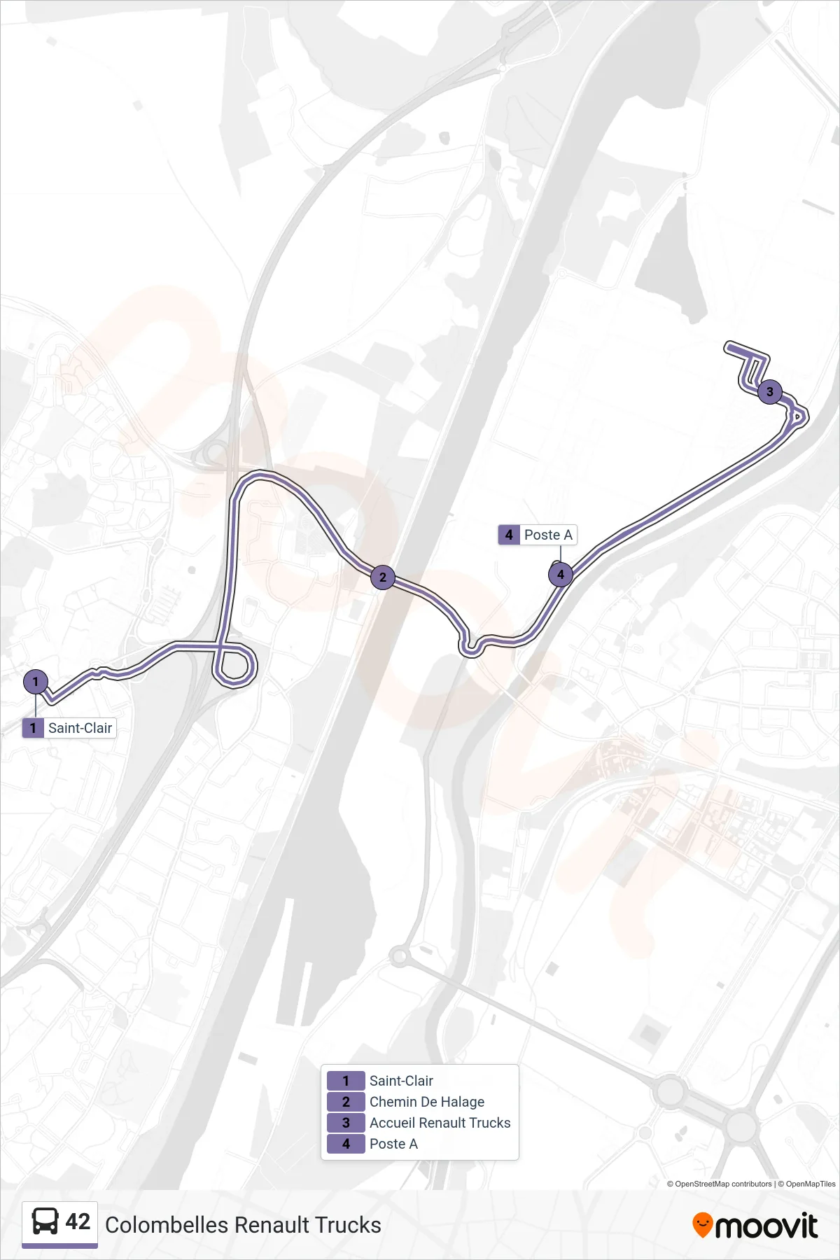Tracé et arrêts de la ligne 42 de bus (Colombelles Renault Trucks) sur une carte