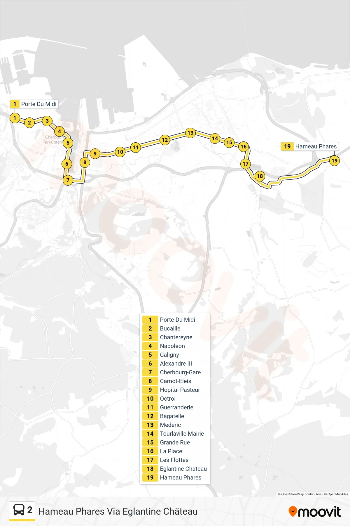 Tracé et arrêts de la ligne 2 de bus (Hameau Phares Via Eglantine Chäteau) sur une carte