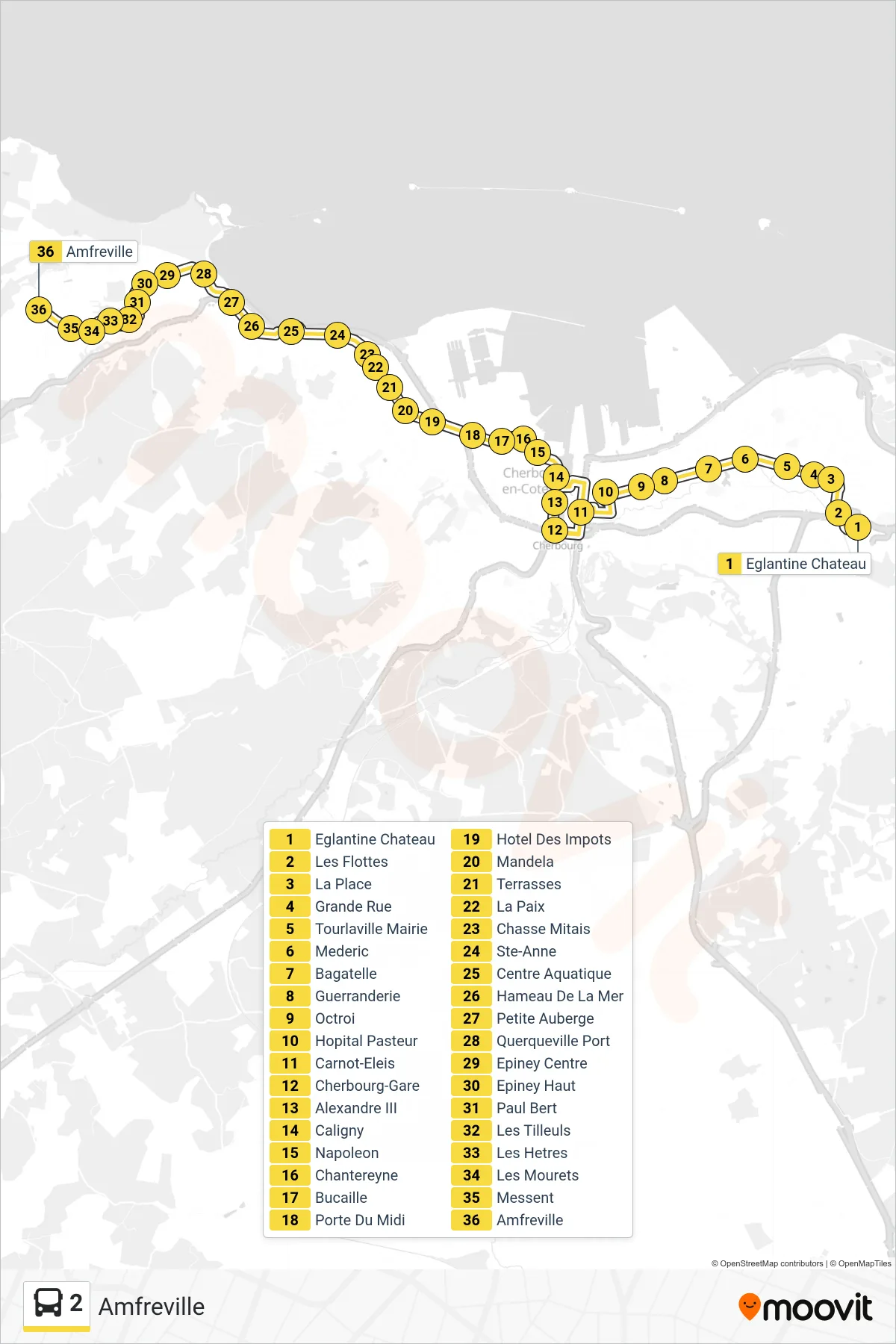 Tracé et arrêts de la ligne 2 de bus (Amfreville) sur une carte