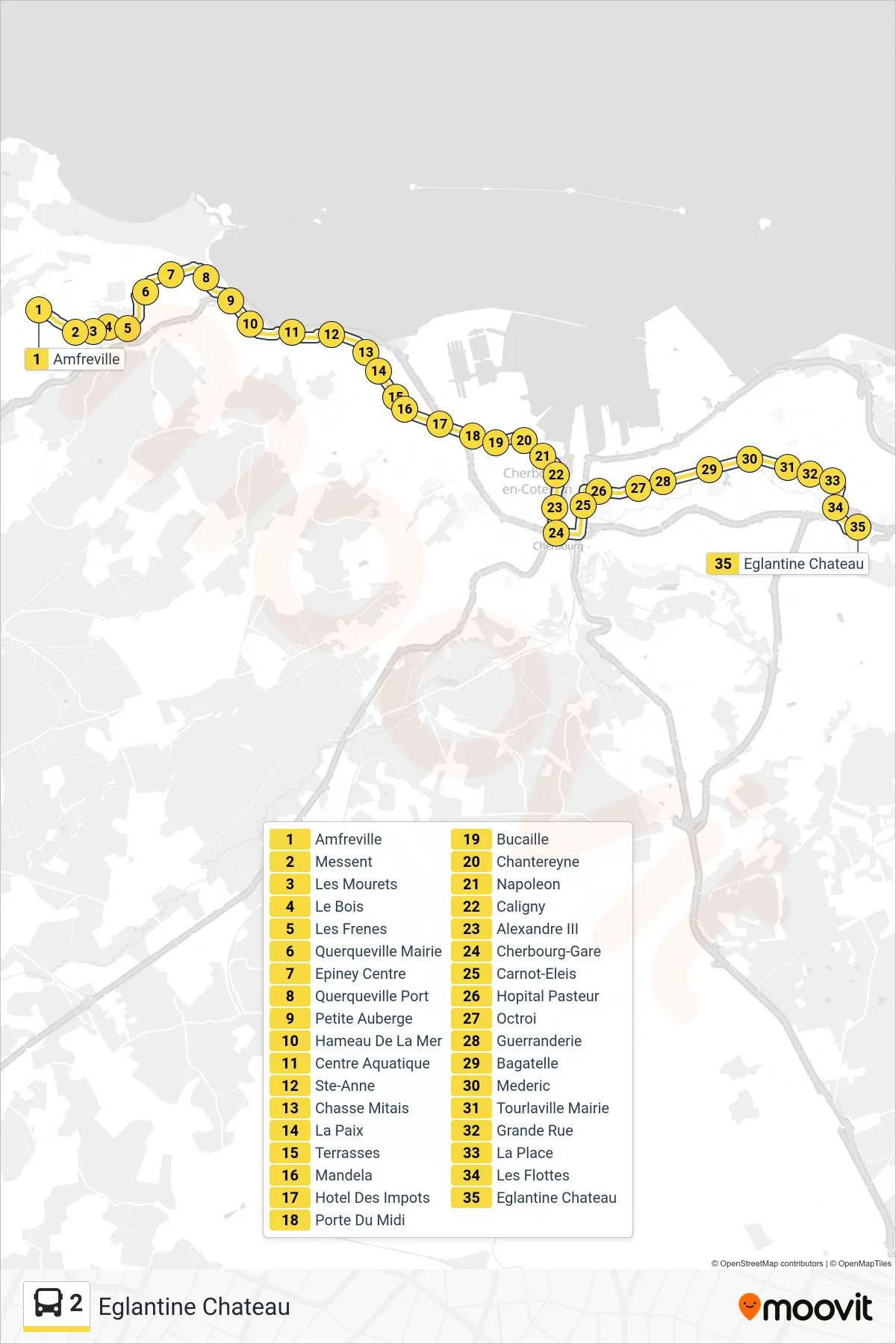 Recorrido y paradas de la línea 2 de autobús (Eglantine Chateau) en el mapa