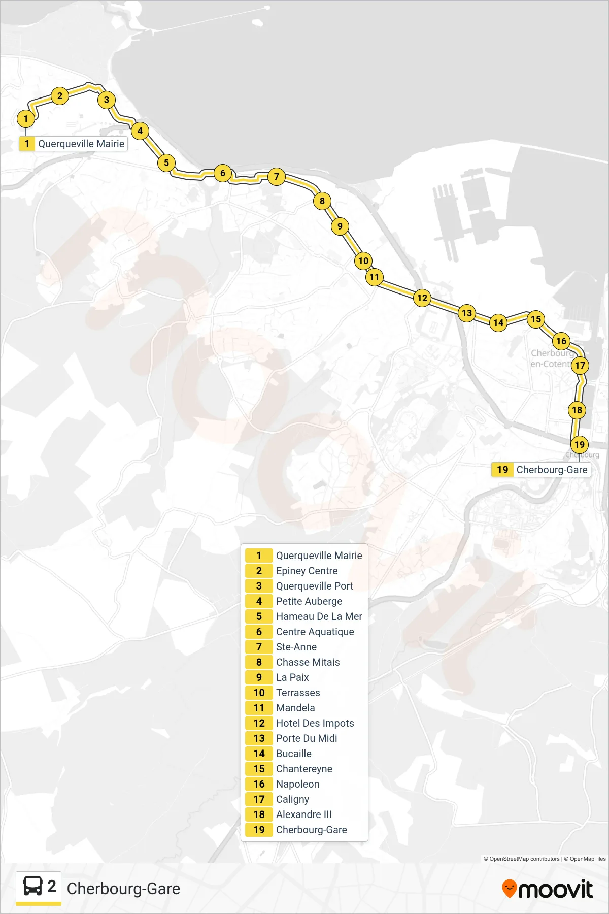 Tracé et arrêts de la ligne 2 de bus (Cherbourg-Gare) sur une carte