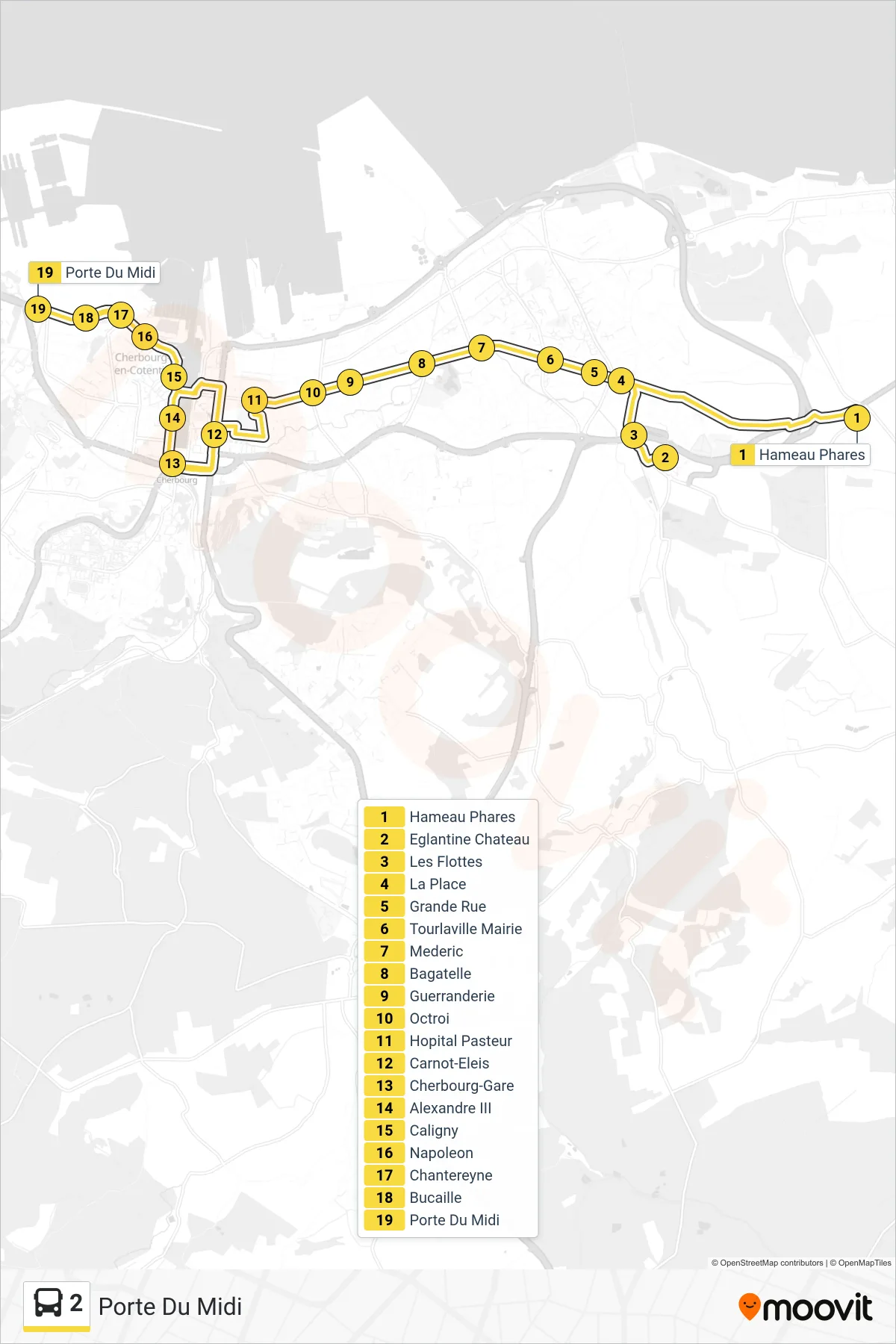 Tracé et arrêts de la ligne 2 de bus (Porte Du Midi) sur une carte