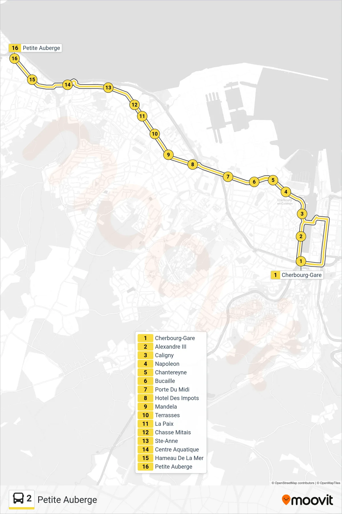 Tracé et arrêts de la ligne 2 de bus (Petite Auberge) sur une carte