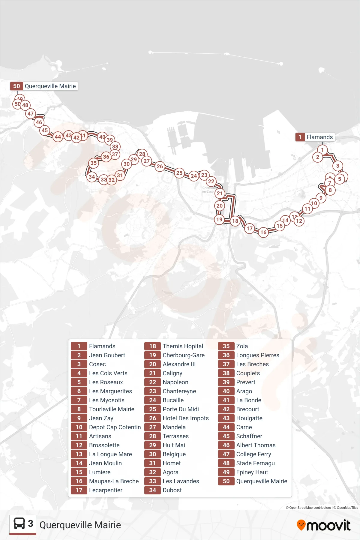 Tracé et arrêts de la ligne 3 de bus (Querqueville Mairie) sur une carte