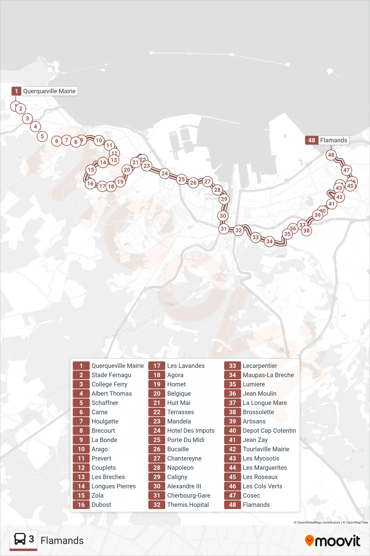 Recorrido y paradas de la línea 3 de autobús (Flamands) en el mapa