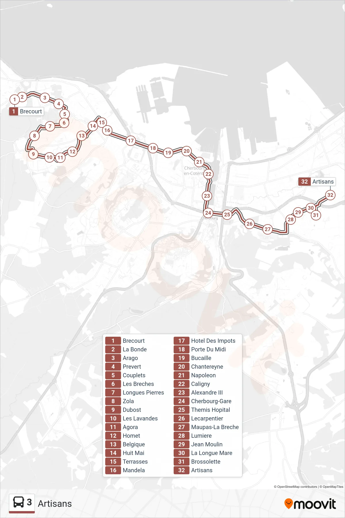 Tracé et arrêts de la ligne 3 de bus (Artisans) sur une carte