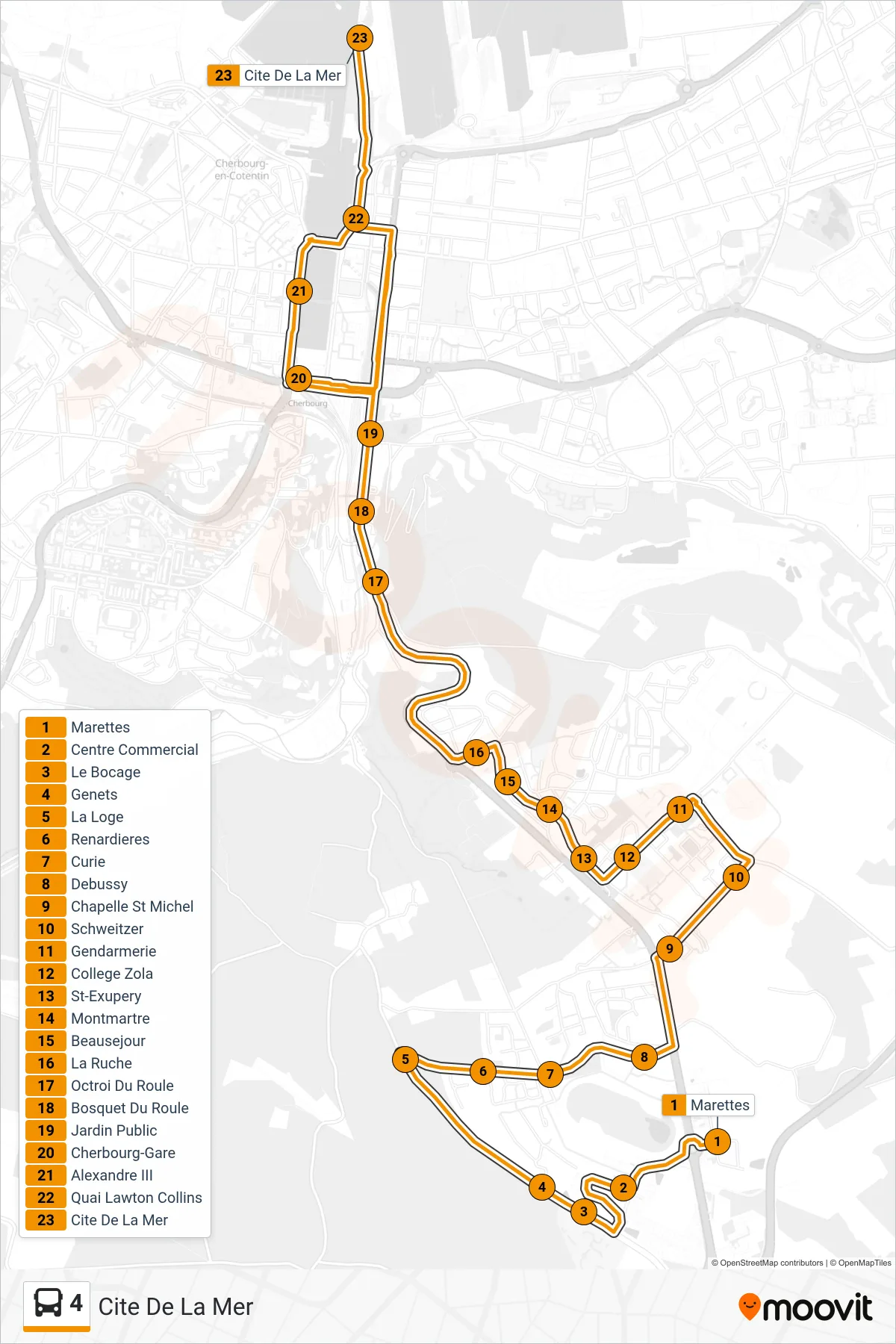 Tracé et arrêts de la ligne 4 de bus (Cite De La Mer) sur une carte
