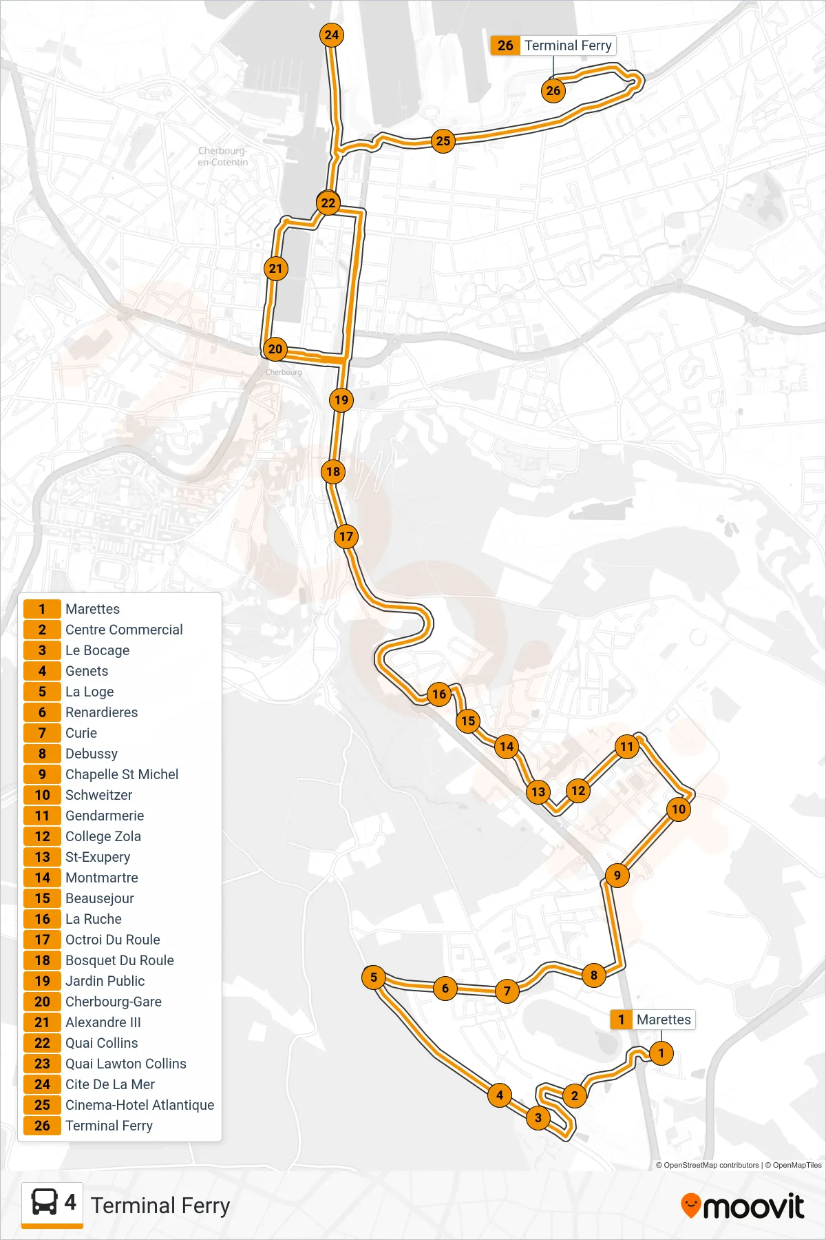 Recorrido y paradas de la línea 4 de autobús (Terminal Ferry) en el mapa