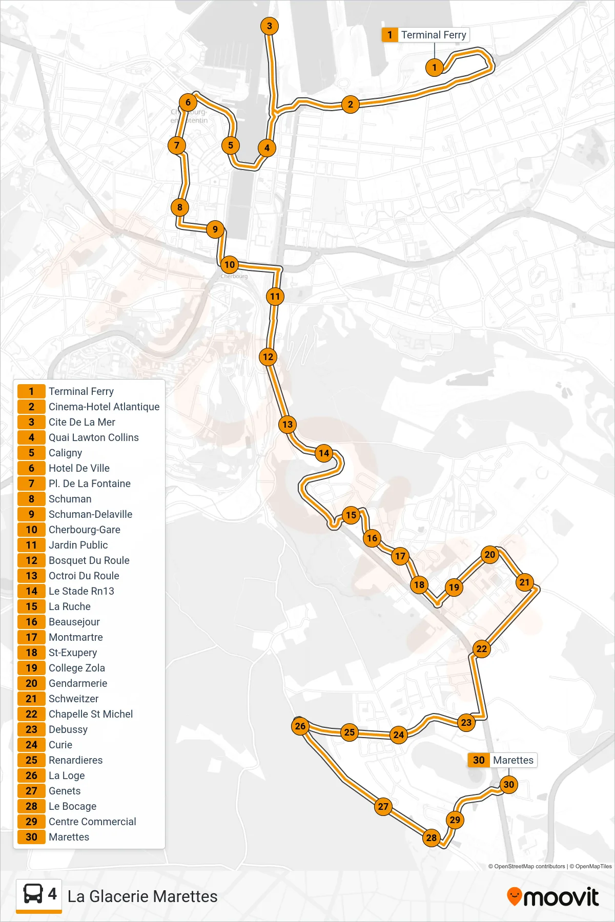 Tracé et arrêts de la ligne 4 de bus (La Glacerie Marettes) sur une carte
