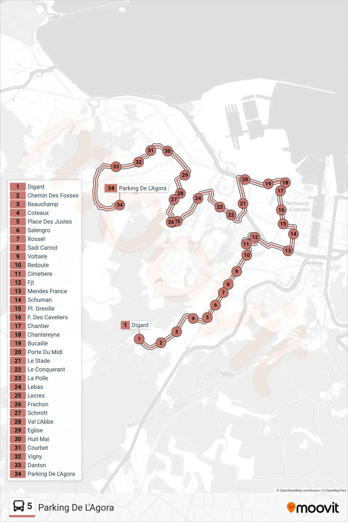 Tracé et arrêts de la ligne 5 de bus (Parking De L'Agora) sur une carte