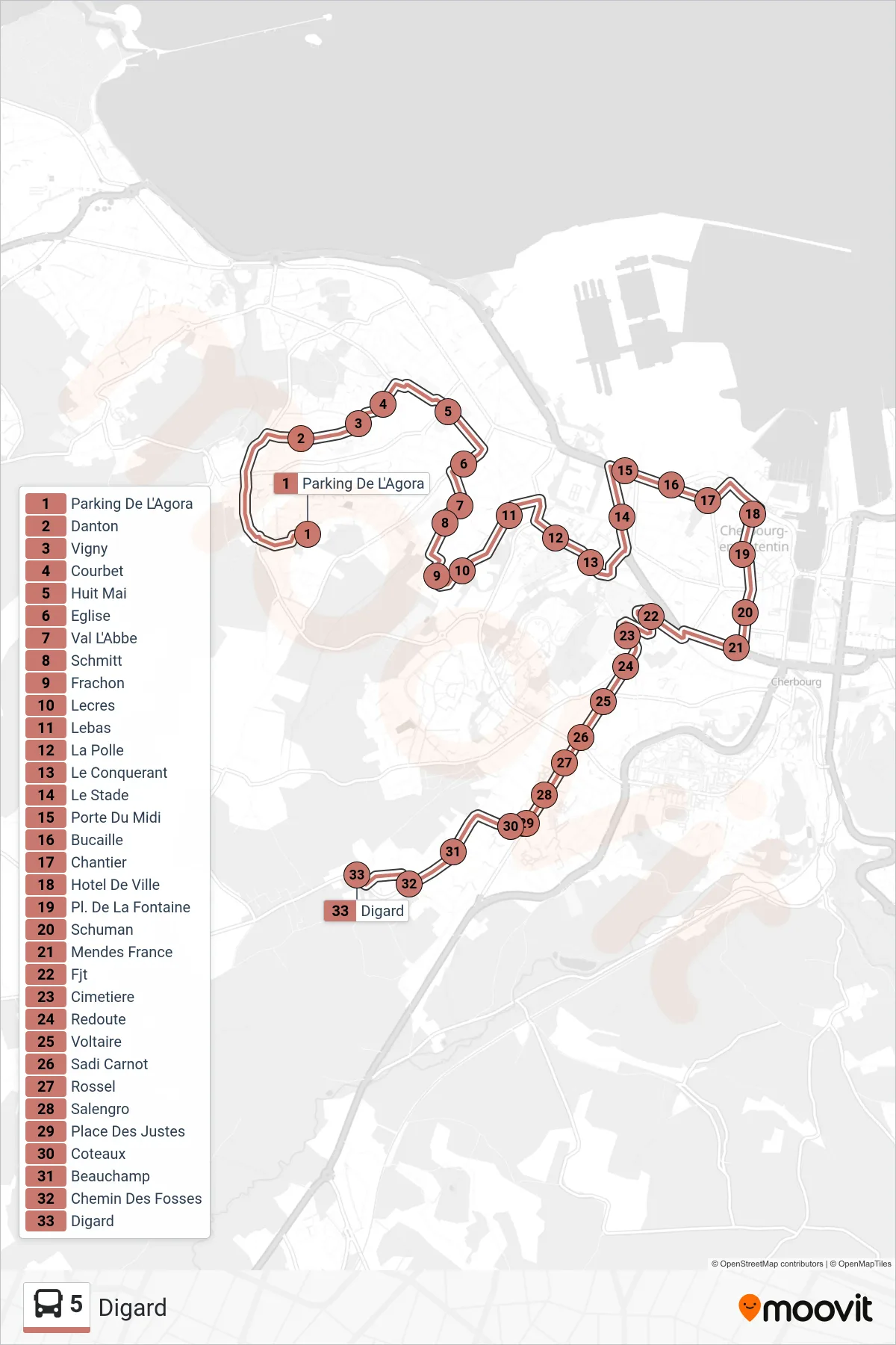 Tracé et arrêts de la ligne 5 de bus (Digard) sur une carte