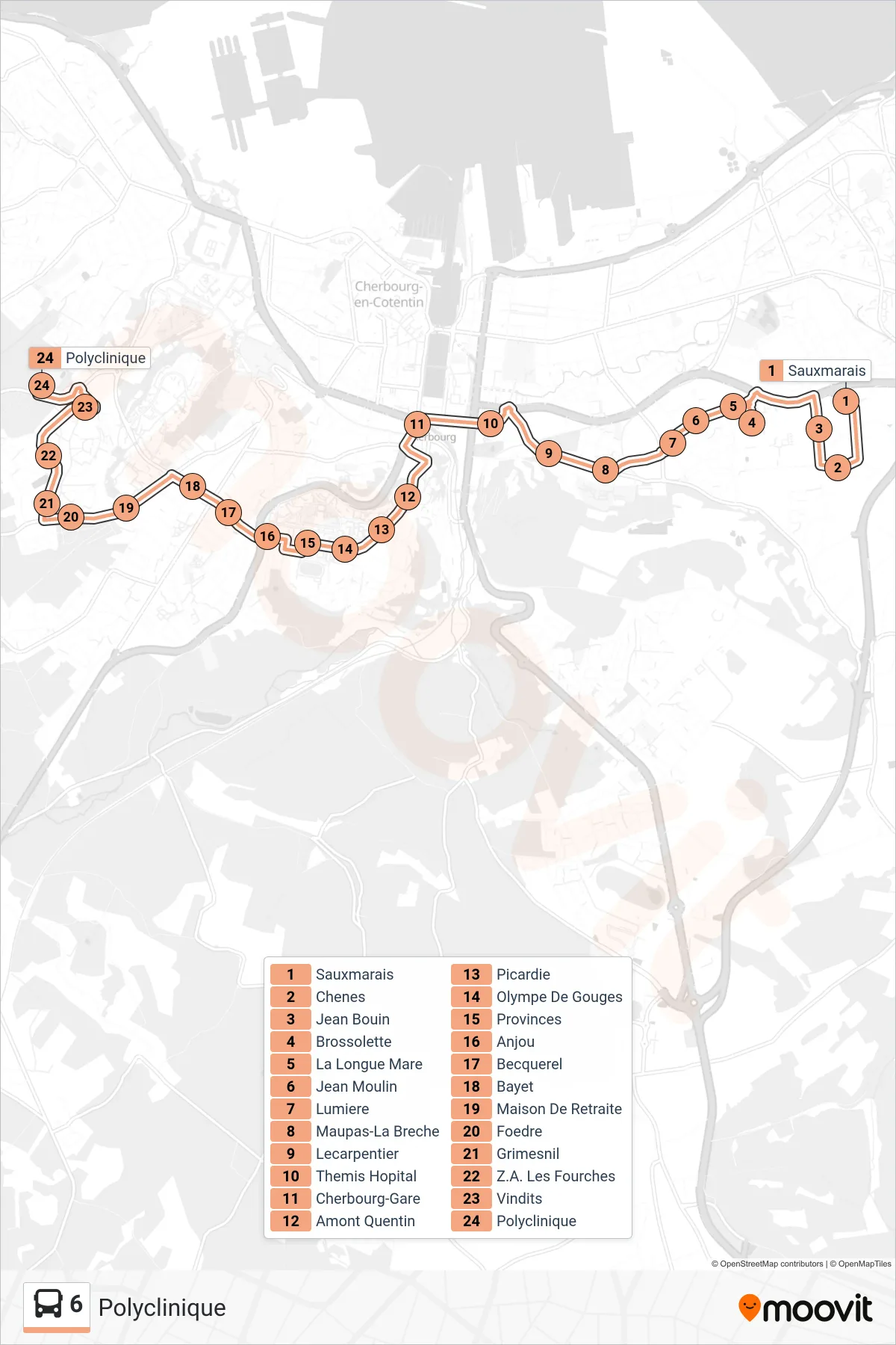 Tracé et arrêts de la ligne 6 de bus (Polyclinique) sur une carte