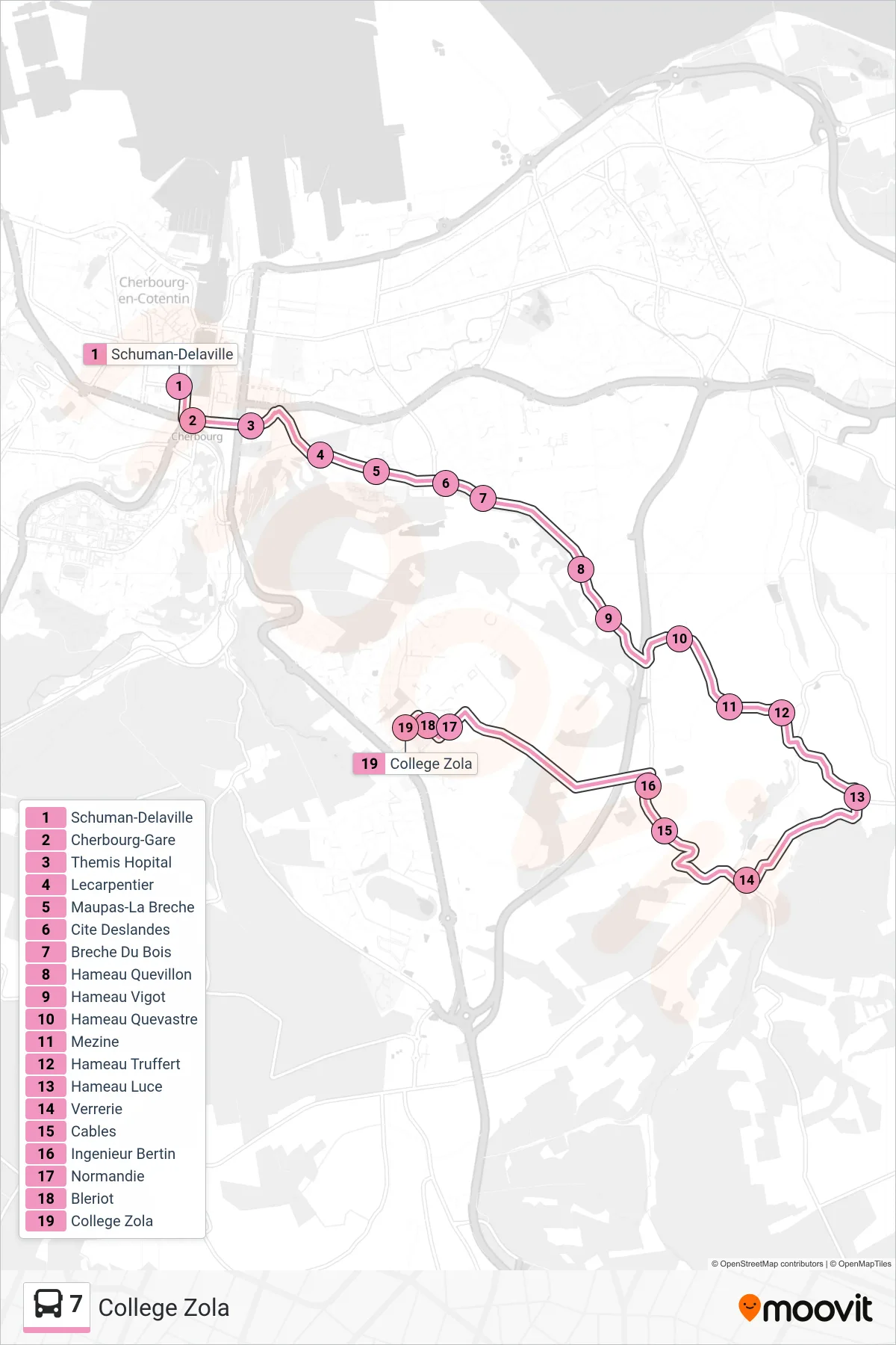 Tracé et arrêts de la ligne 7 de bus (College Zola) sur une carte