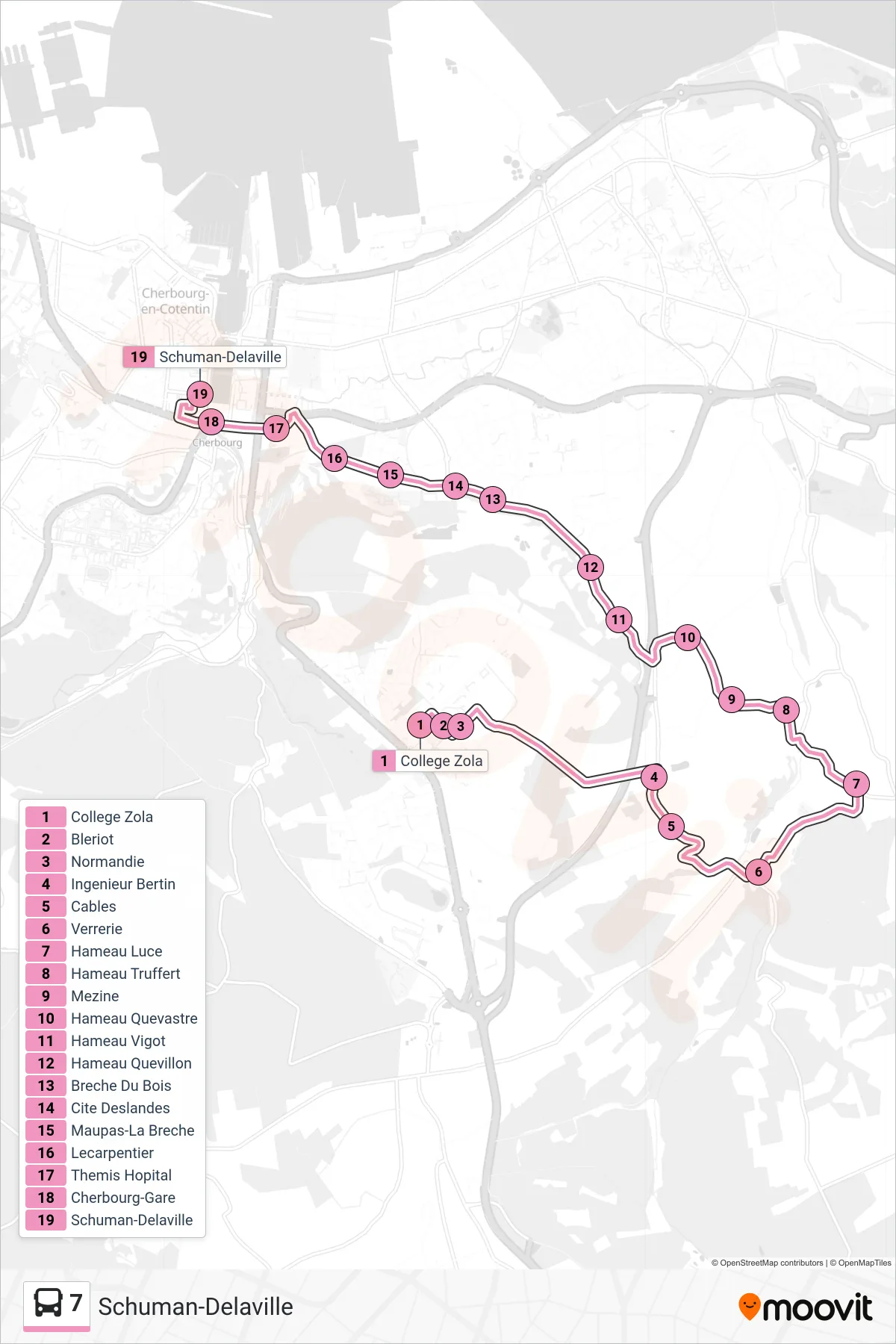 Tracé et arrêts de la ligne 7 de bus (Schuman-Delaville) sur une carte