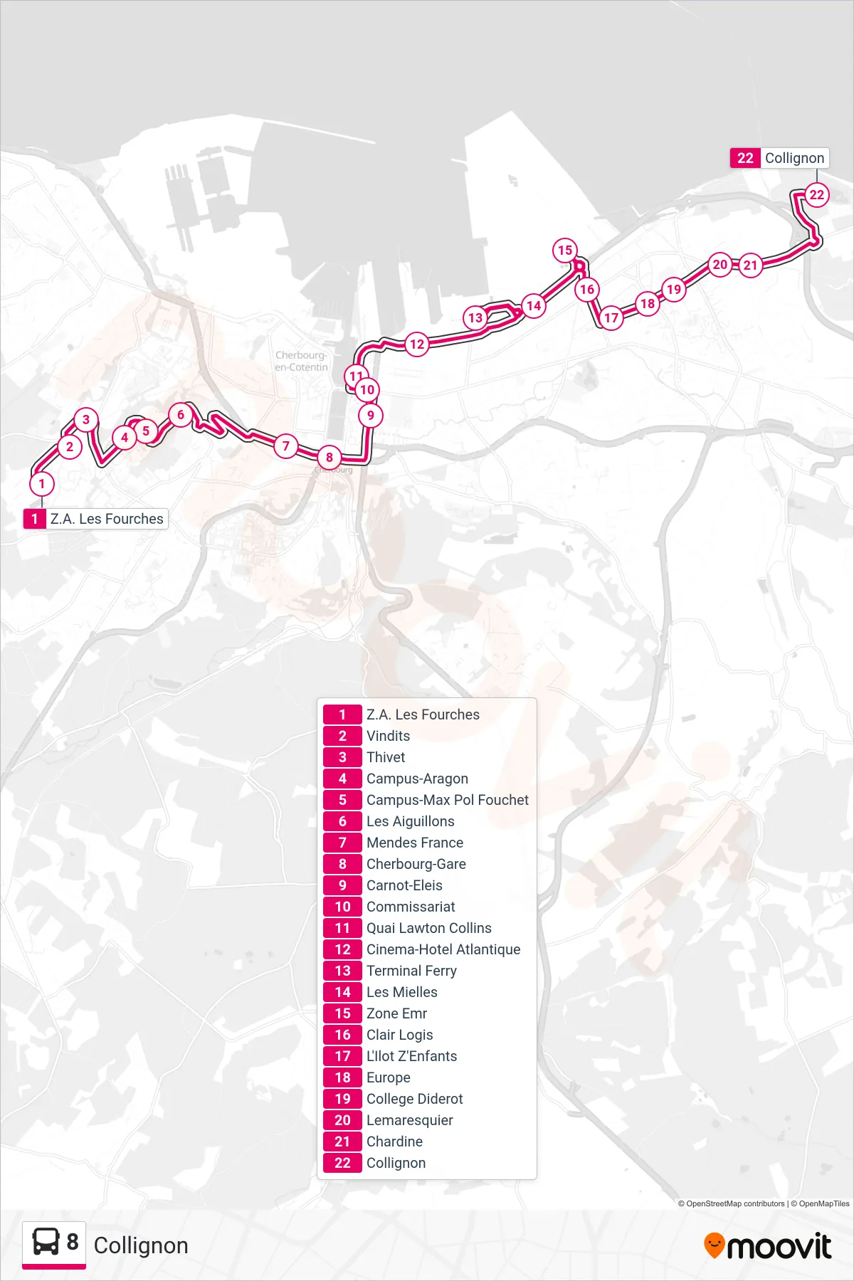 Recorrido y paradas de la línea 8 de autobús (Collignon) en el mapa