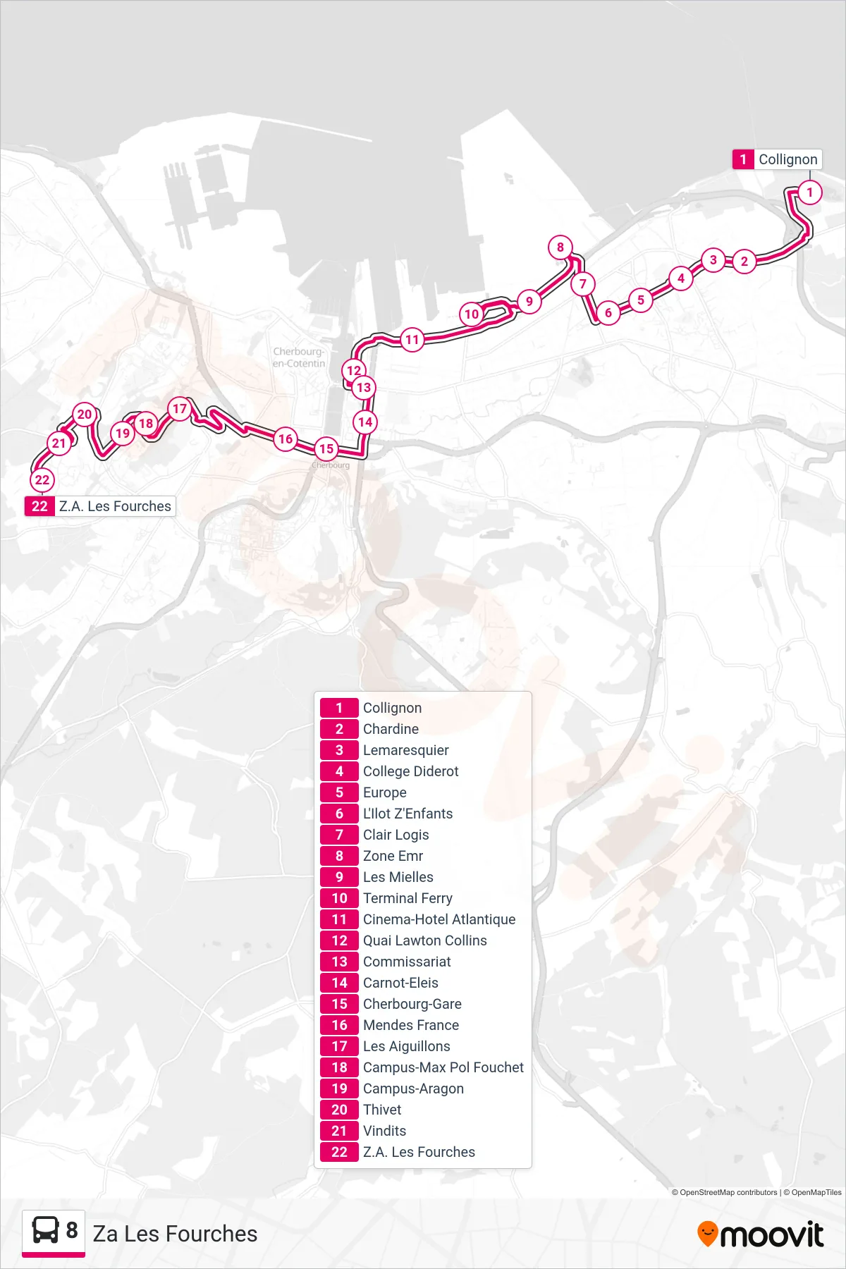 Tracé et arrêts de la ligne 8 de bus (Za Les Fourches) sur une carte
