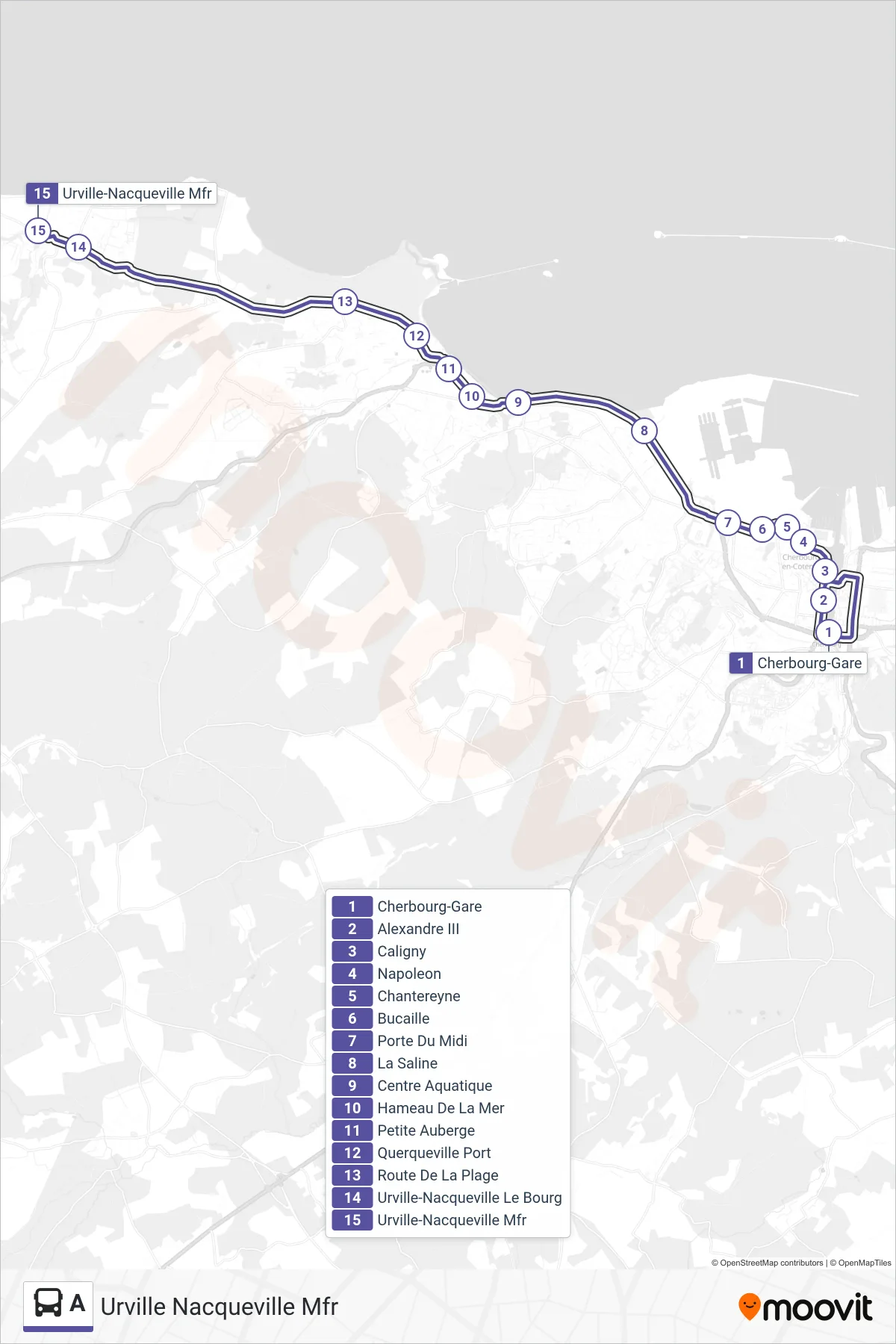 Tracé et arrêts de la ligne A de bus (Urville Nacqueville Mfr) sur une carte