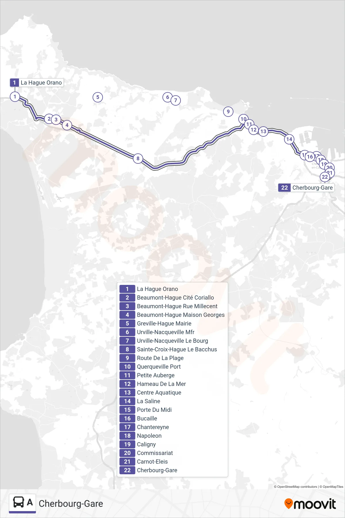 Tracé et arrêts de la ligne A de bus (Cherbourg-Gare) sur une carte