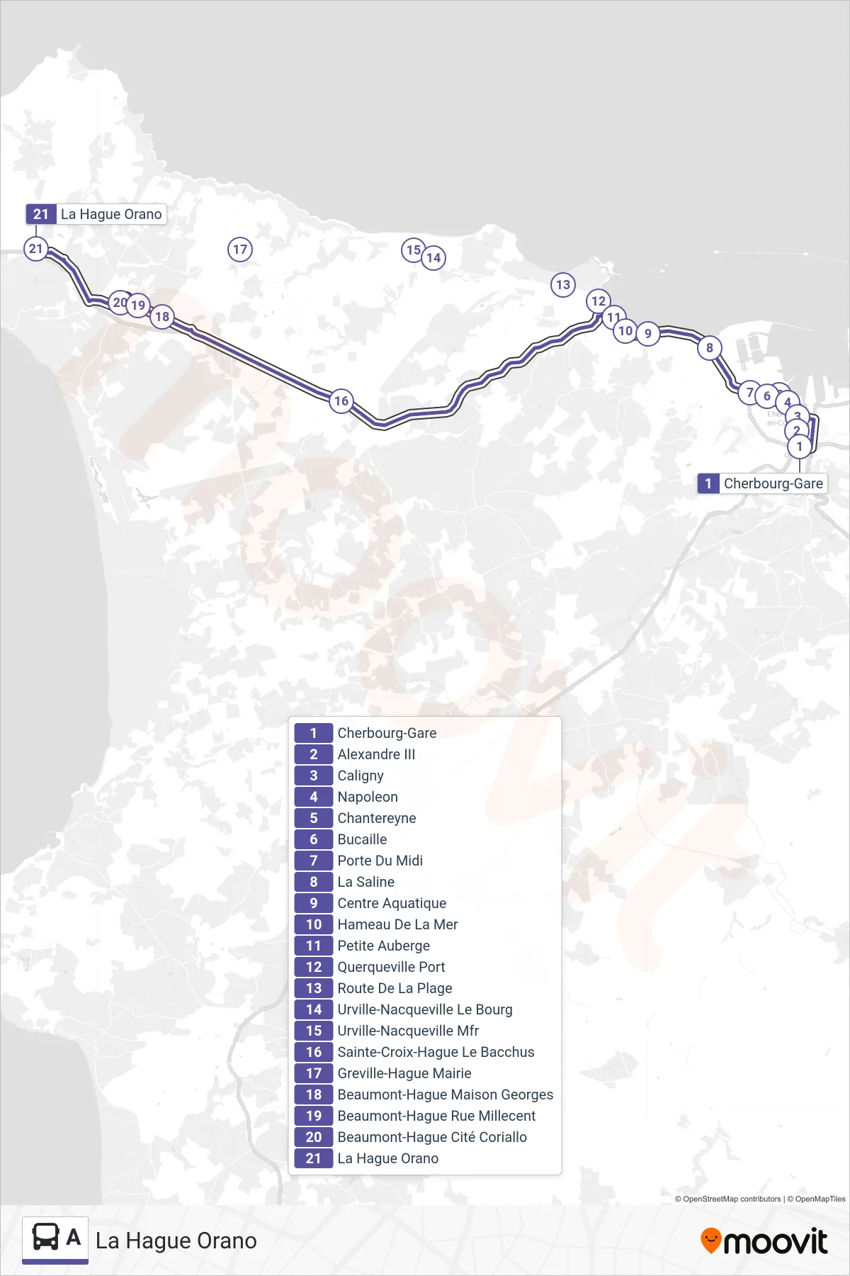 Tracé et arrêts de la ligne A de bus (La Hague Orano) sur une carte