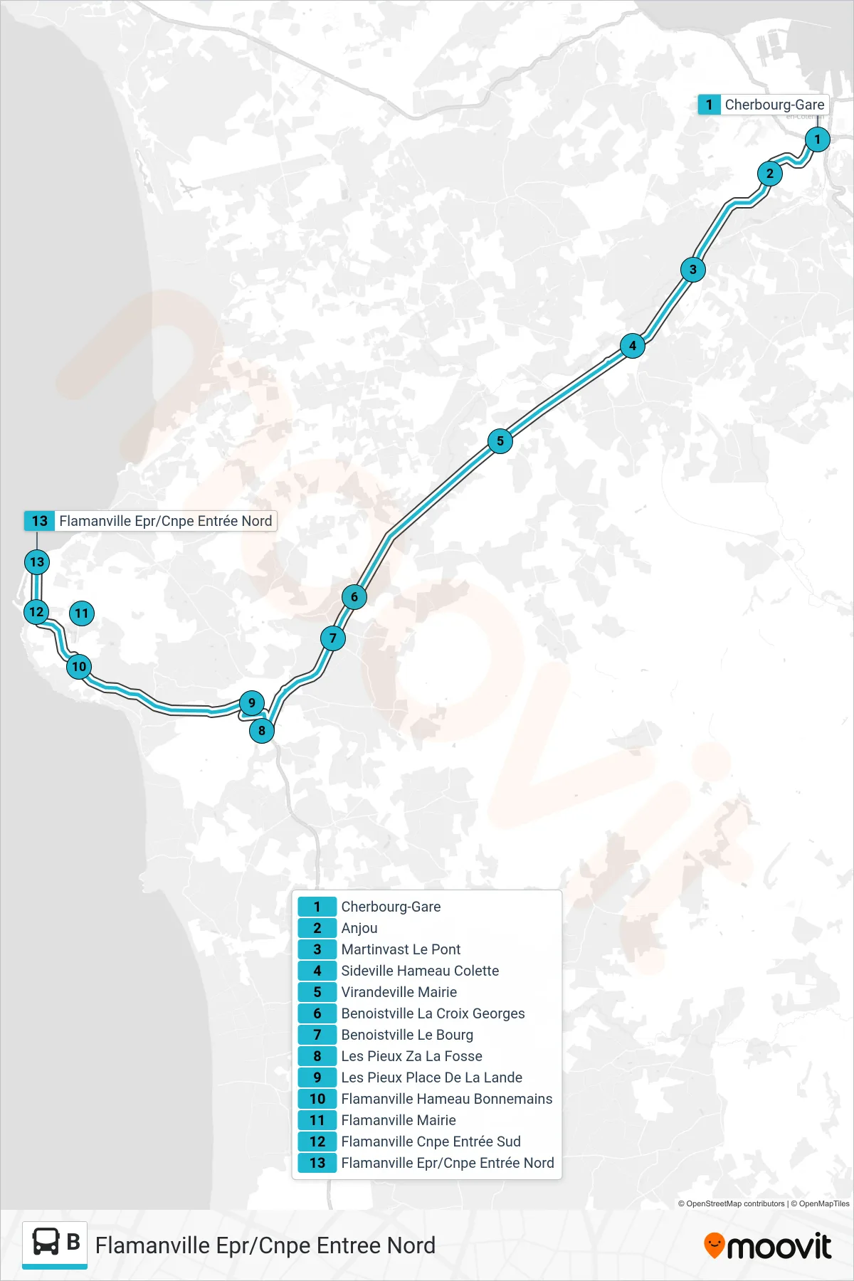 Tracé et arrêts de la ligne B de bus (Flamanville Epr/Cnpe Entree Nord) sur une carte