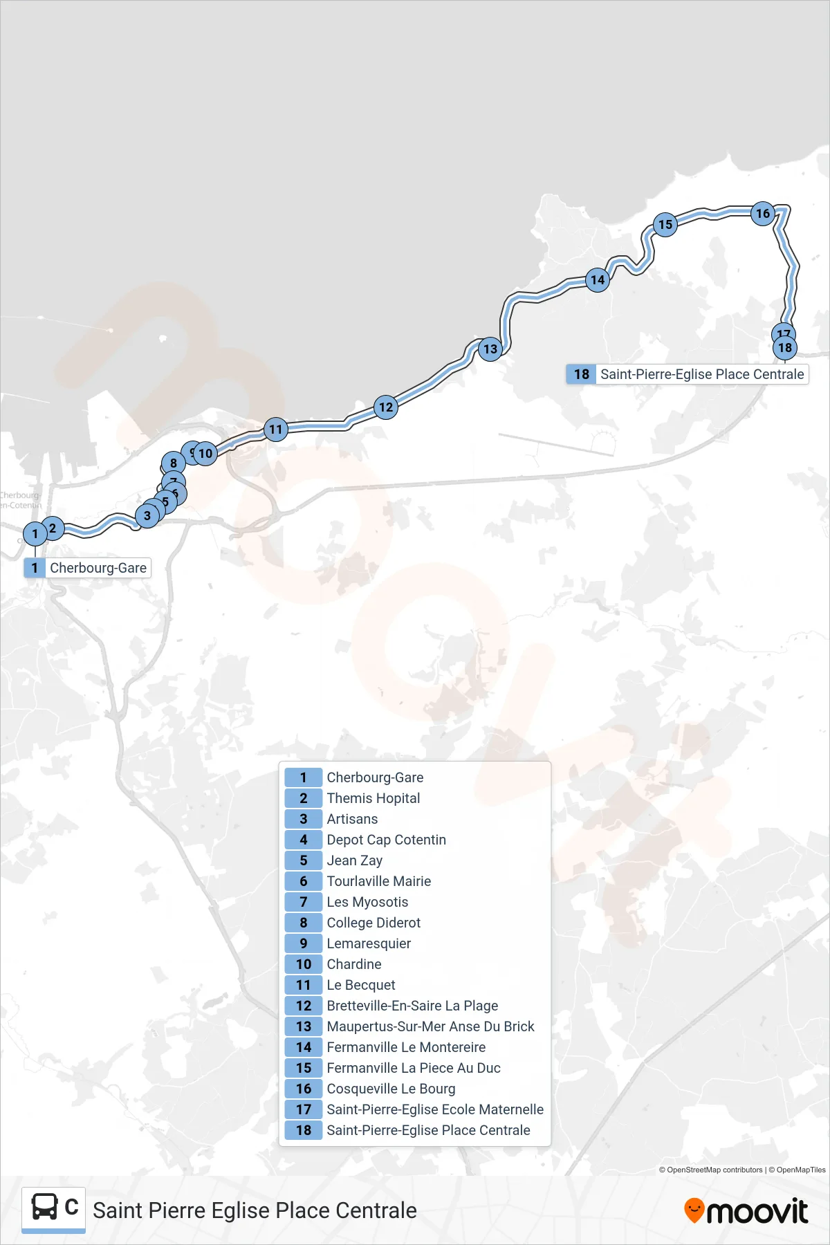 Tracé et arrêts de la ligne C de bus (Saint Pierre Eglise Place Centrale) sur une carte