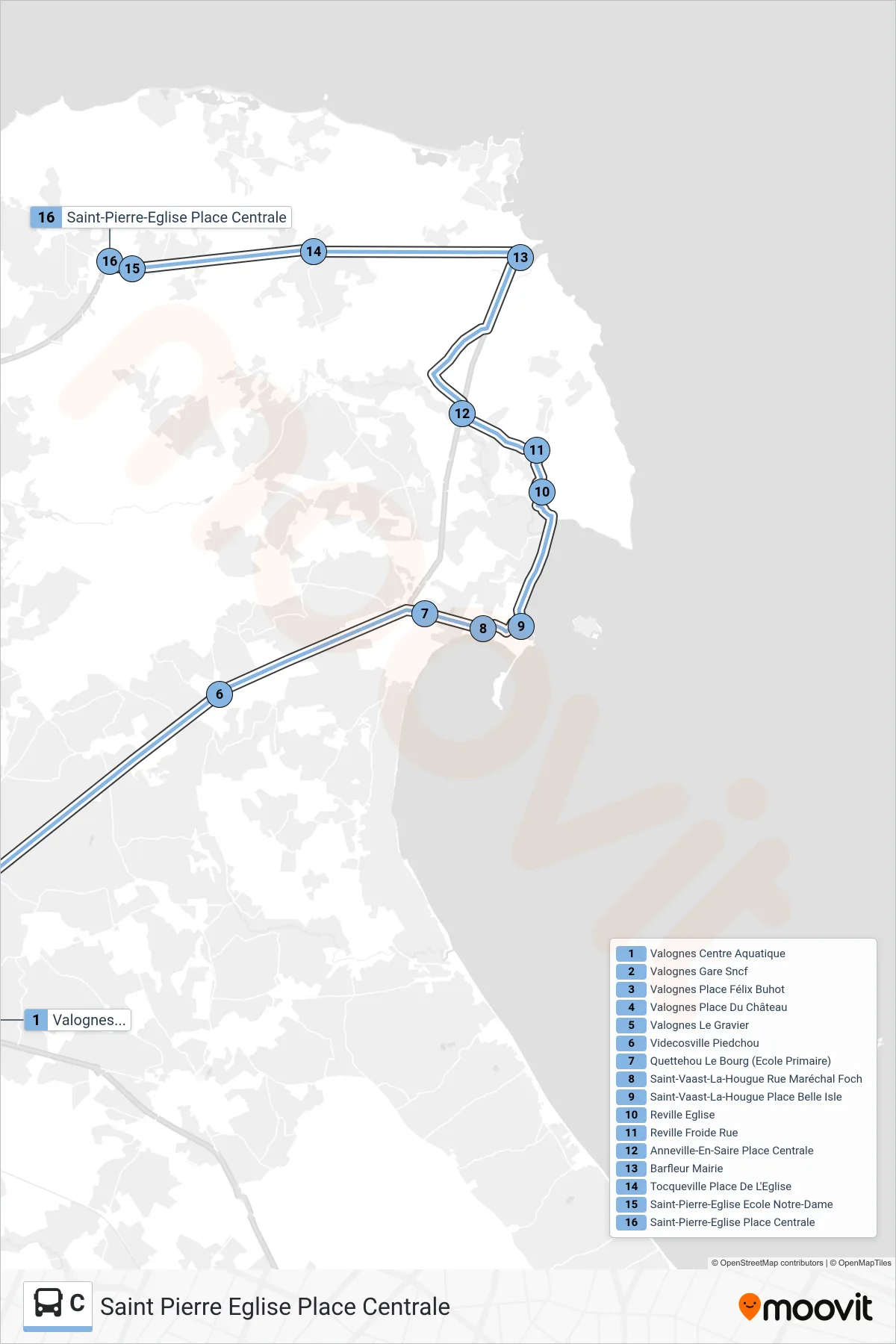 Tracé et arrêts de la ligne C de bus (Saint Pierre Eglise Place Centrale) sur une carte