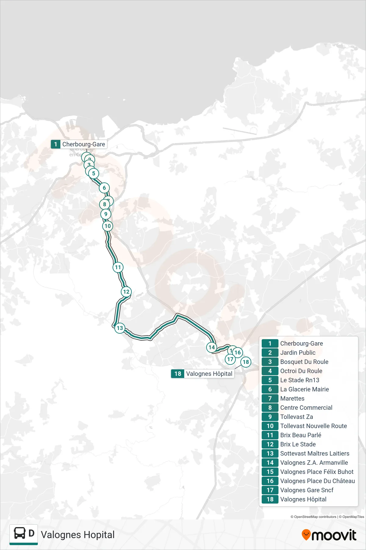 Tracé et arrêts de la ligne D de bus (Valognes Hopital) sur une carte