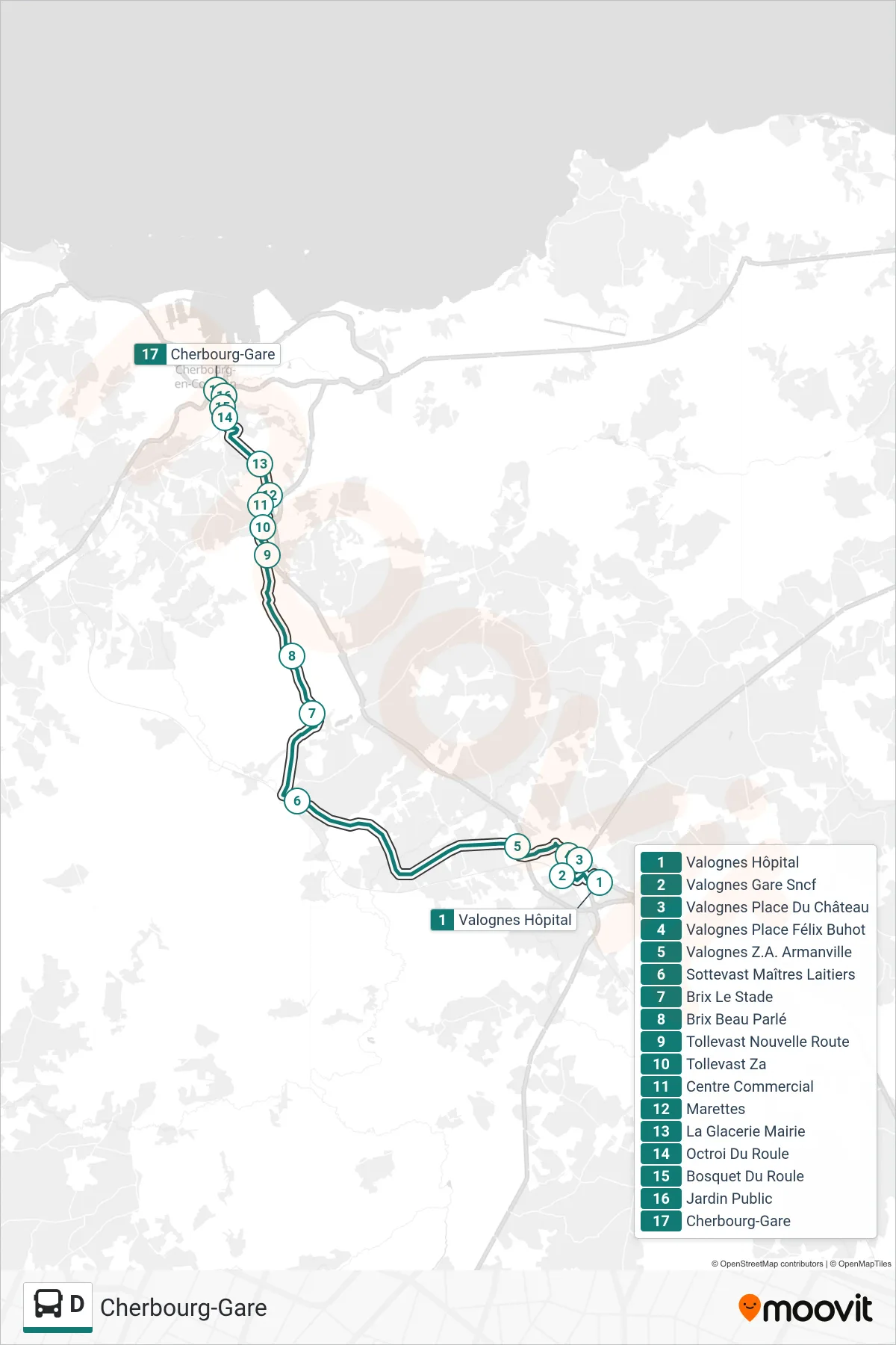 Tracé et arrêts de la ligne D de bus (Cherbourg-Gare) sur une carte