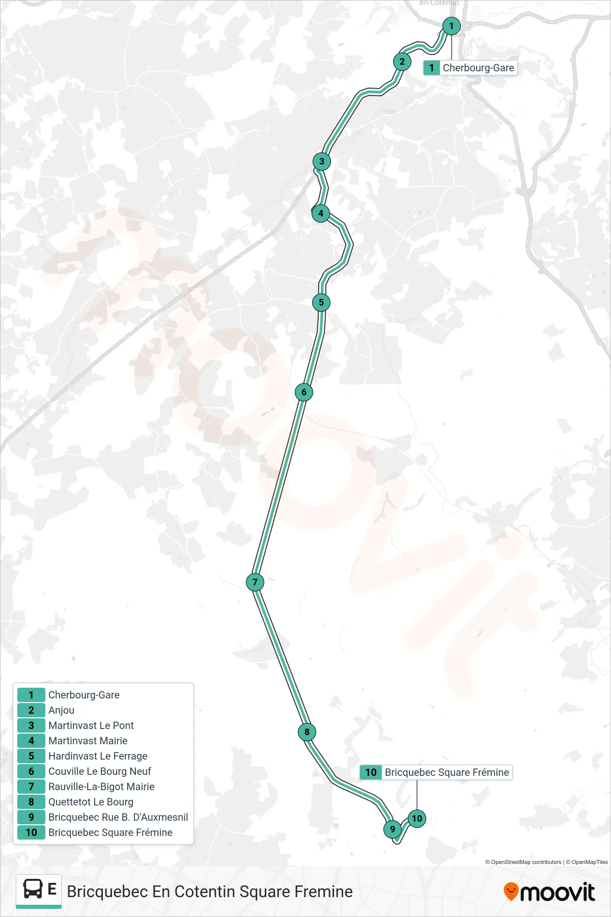 Tracé et arrêts de la ligne E de bus (Bricquebec En Cotentin Square Fremine) sur une carte