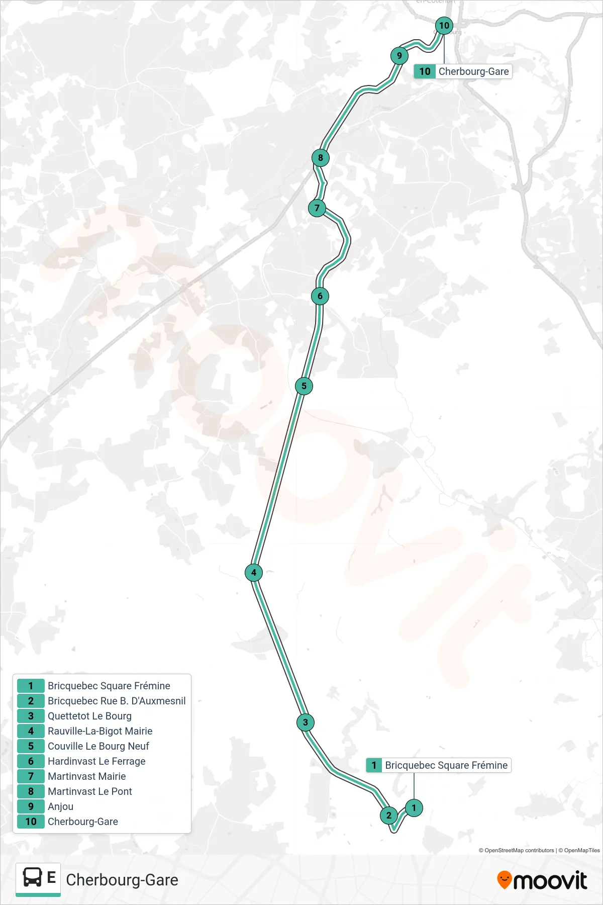 Tracé et arrêts de la ligne E de bus (Cherbourg-Gare) sur une carte