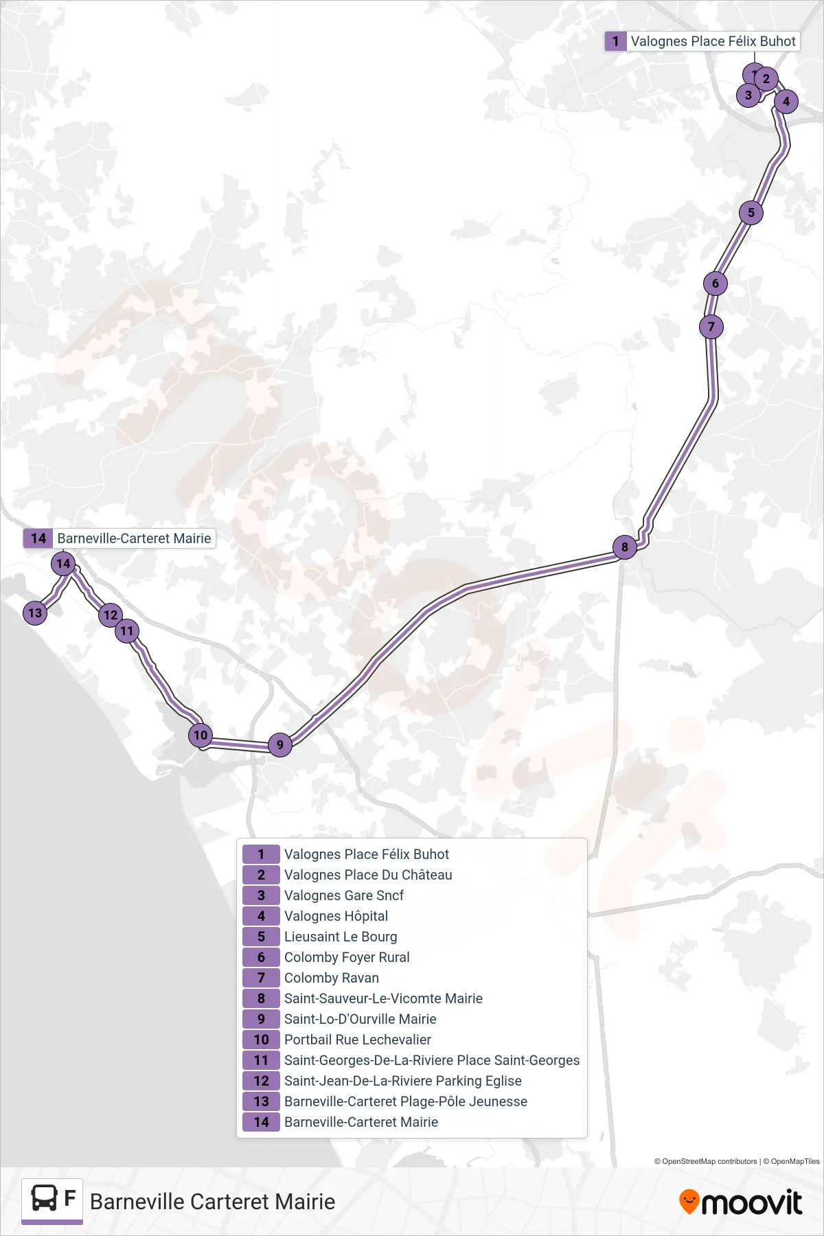 F bus Line (Barneville Carteret Mairie) route and stops on a map
