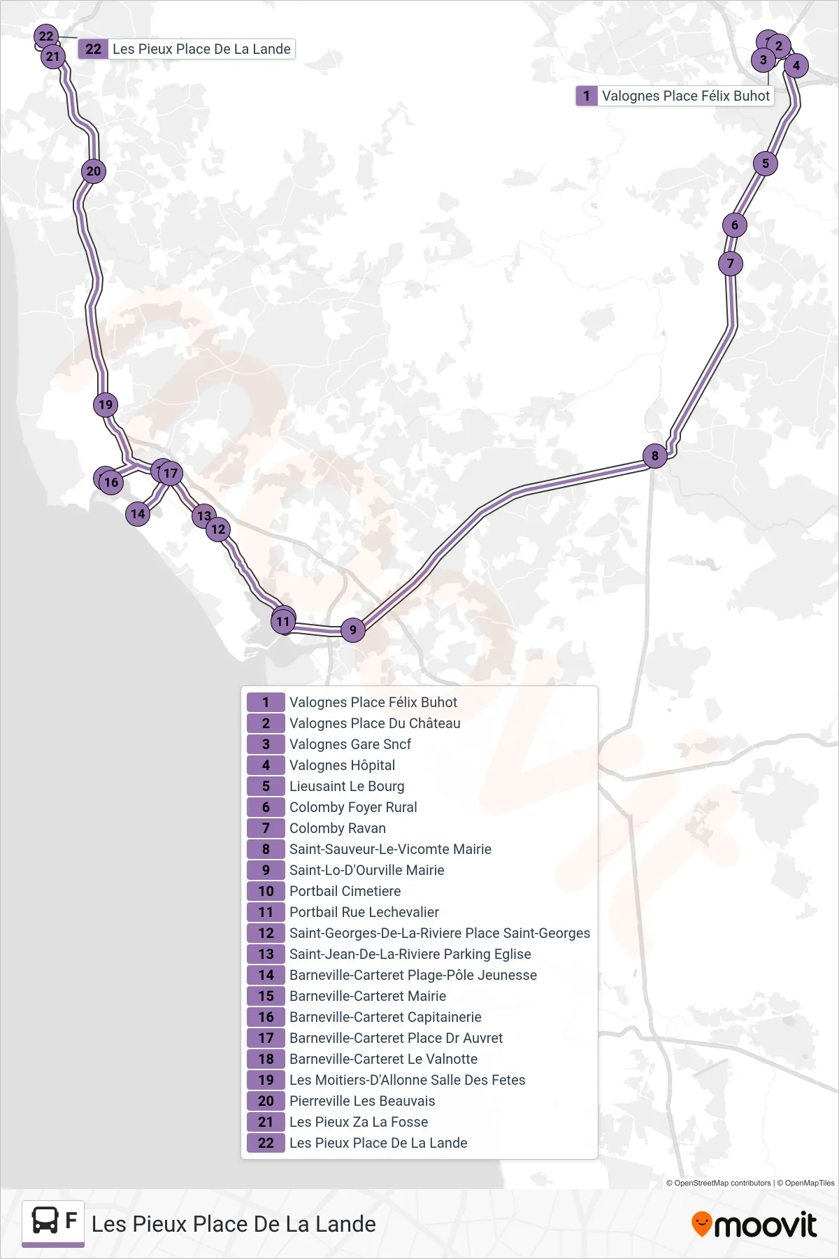 F bus Line (Les Pieux Place De La Lande) route and stops on a map