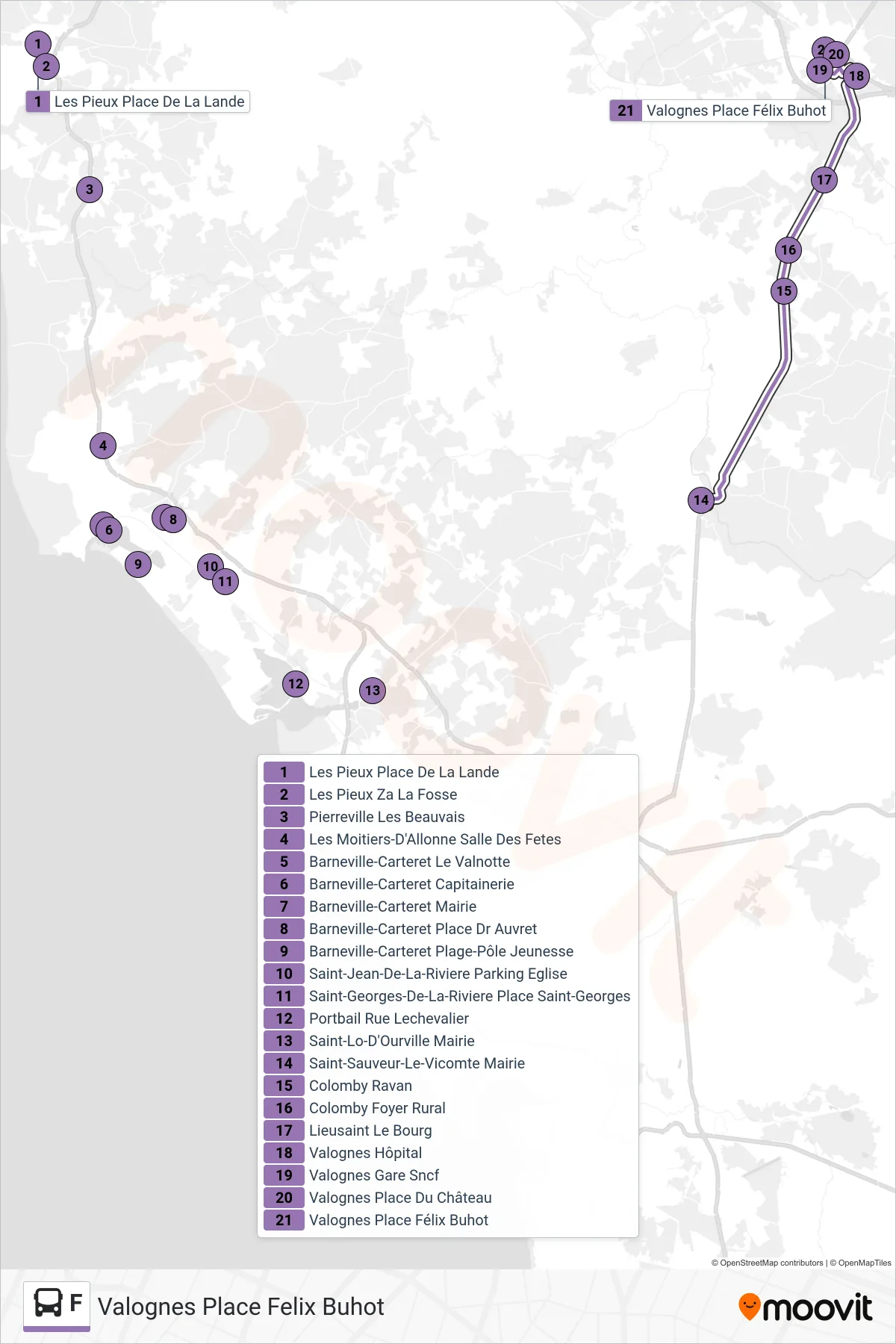 F bus Line (Valognes Place Felix Buhot) route and stops on a map