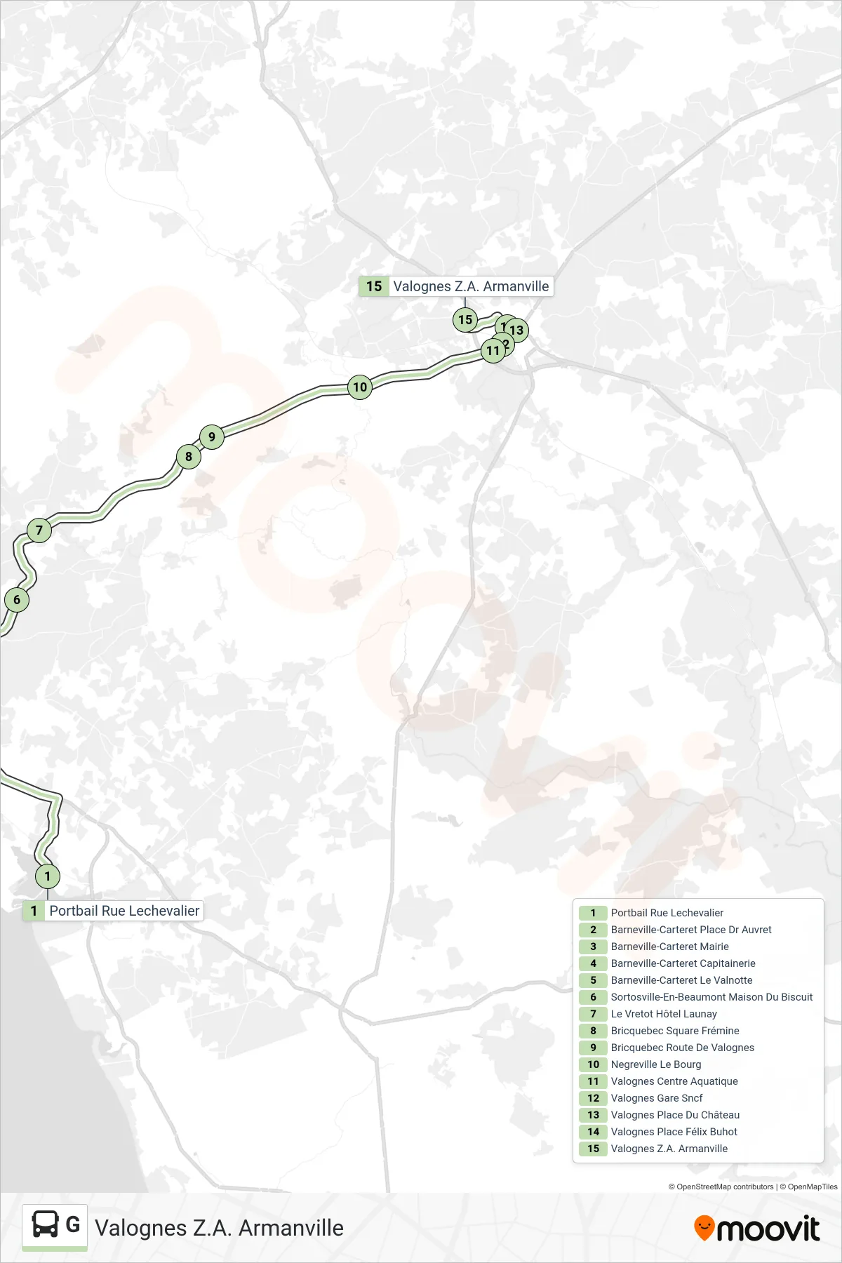 Tracé et arrêts de la ligne G de bus (Valognes Z.A. Armanville) sur une carte