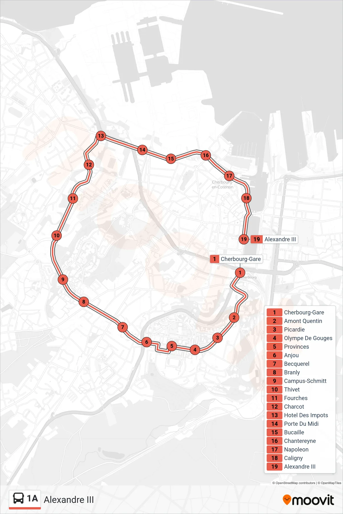 Tracé et arrêts de la ligne 1A de bus (Alexandre III) sur une carte