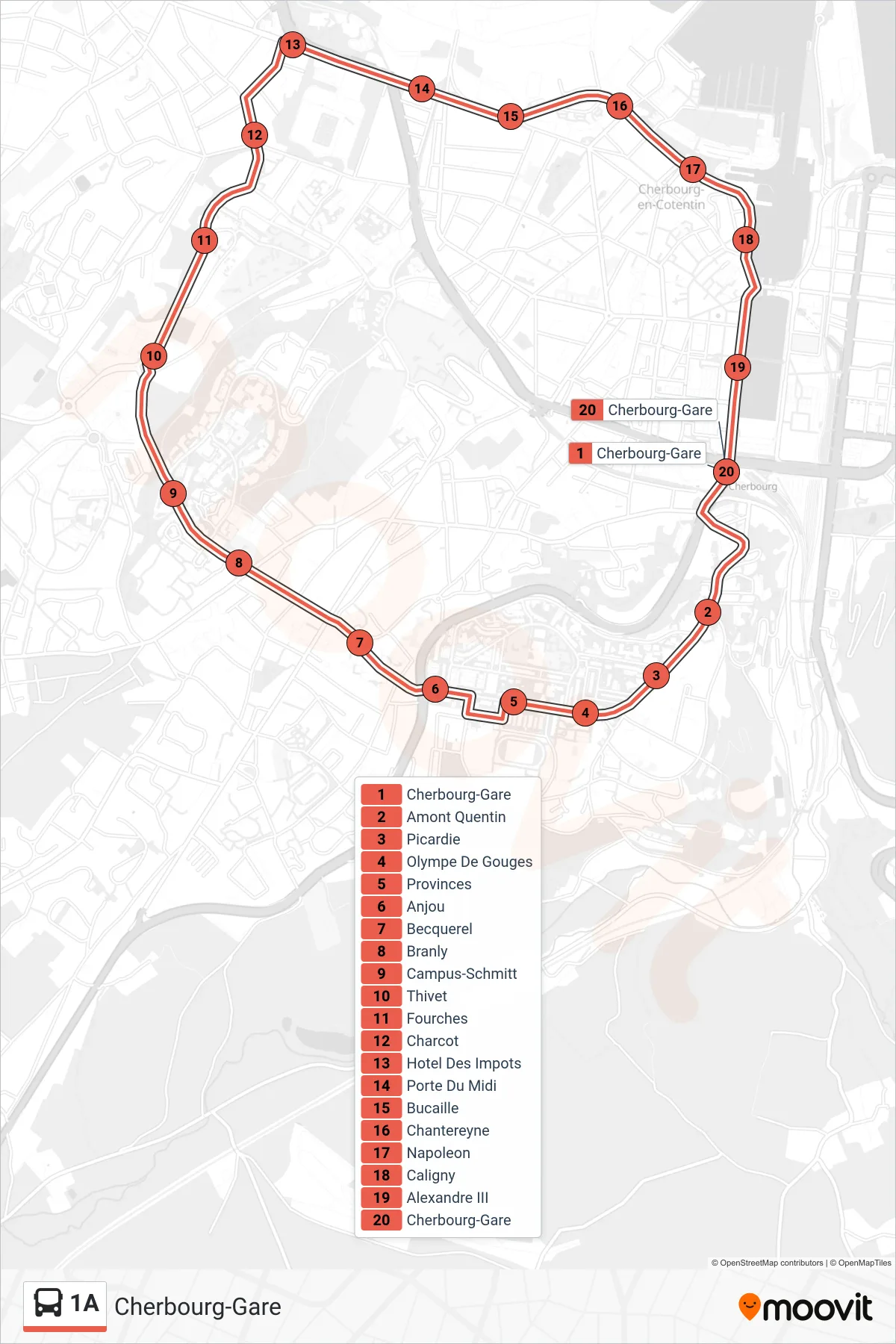Recorrido y paradas de la línea 1A de autobús (Cherbourg-Gare) en el mapa