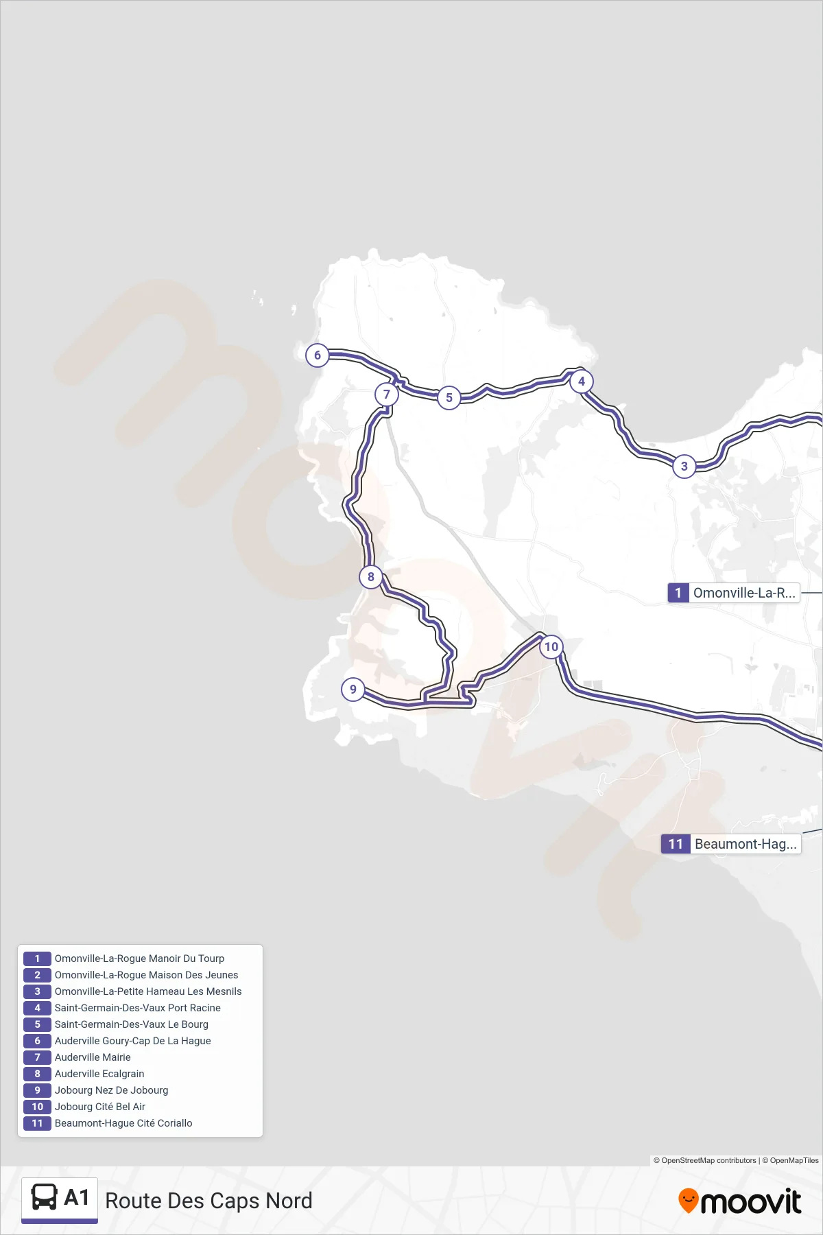 Tracé et arrêts de la ligne A1 de bus (Route Des Caps Nord) sur une carte