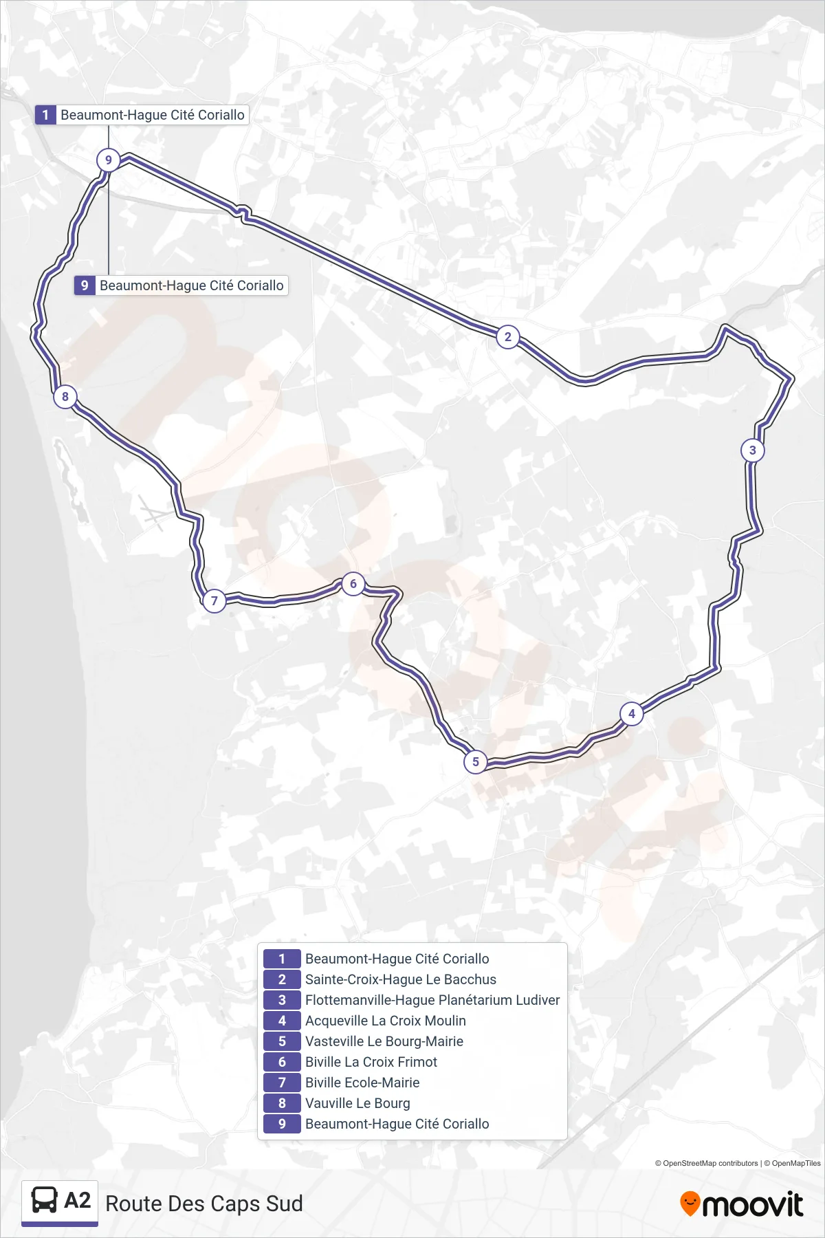 Tracé et arrêts de la ligne A2 de bus (Route Des Caps Sud) sur une carte