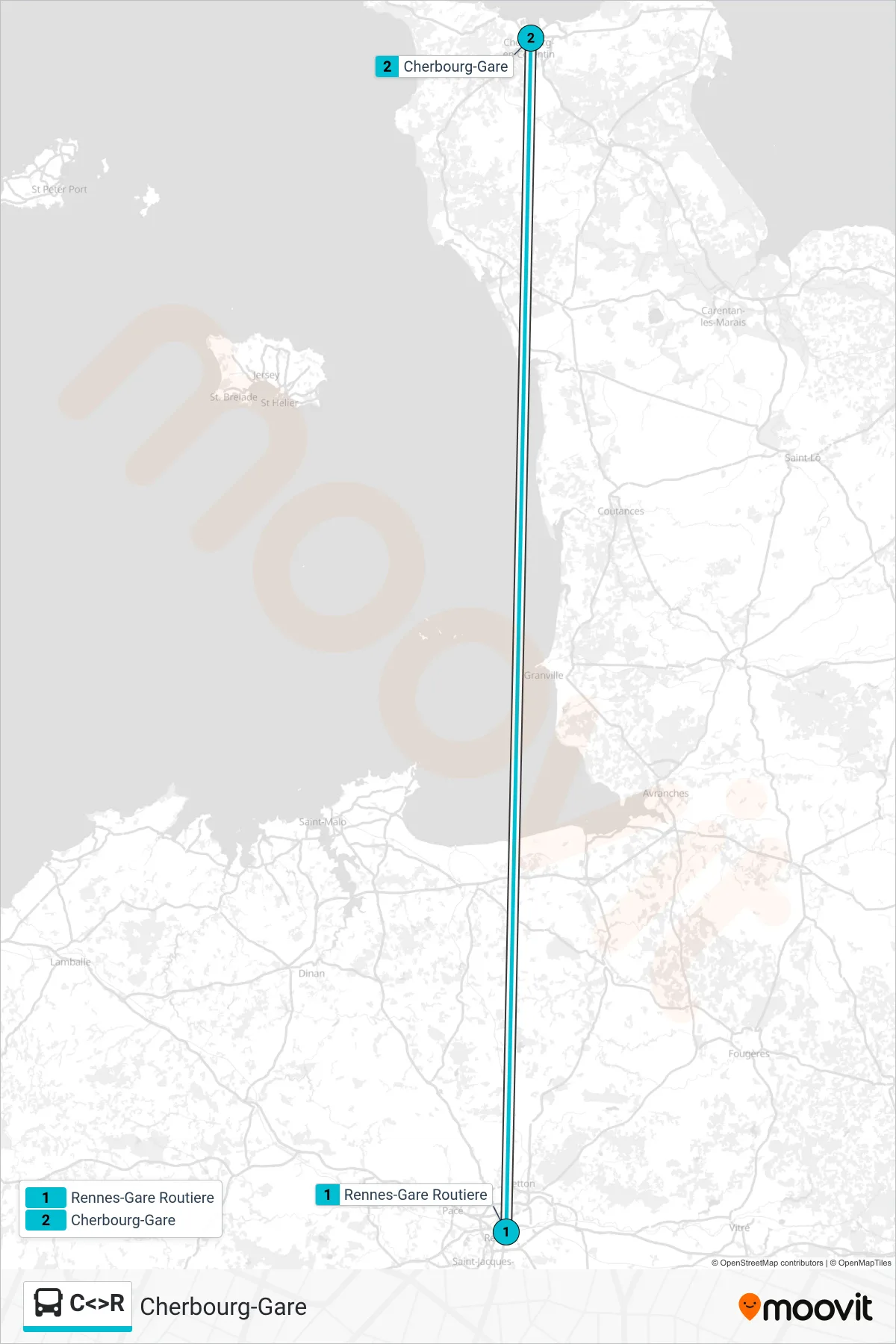 Tracé et arrêts de la ligne C<>R de bus (Cherbourg-Gare) sur une carte