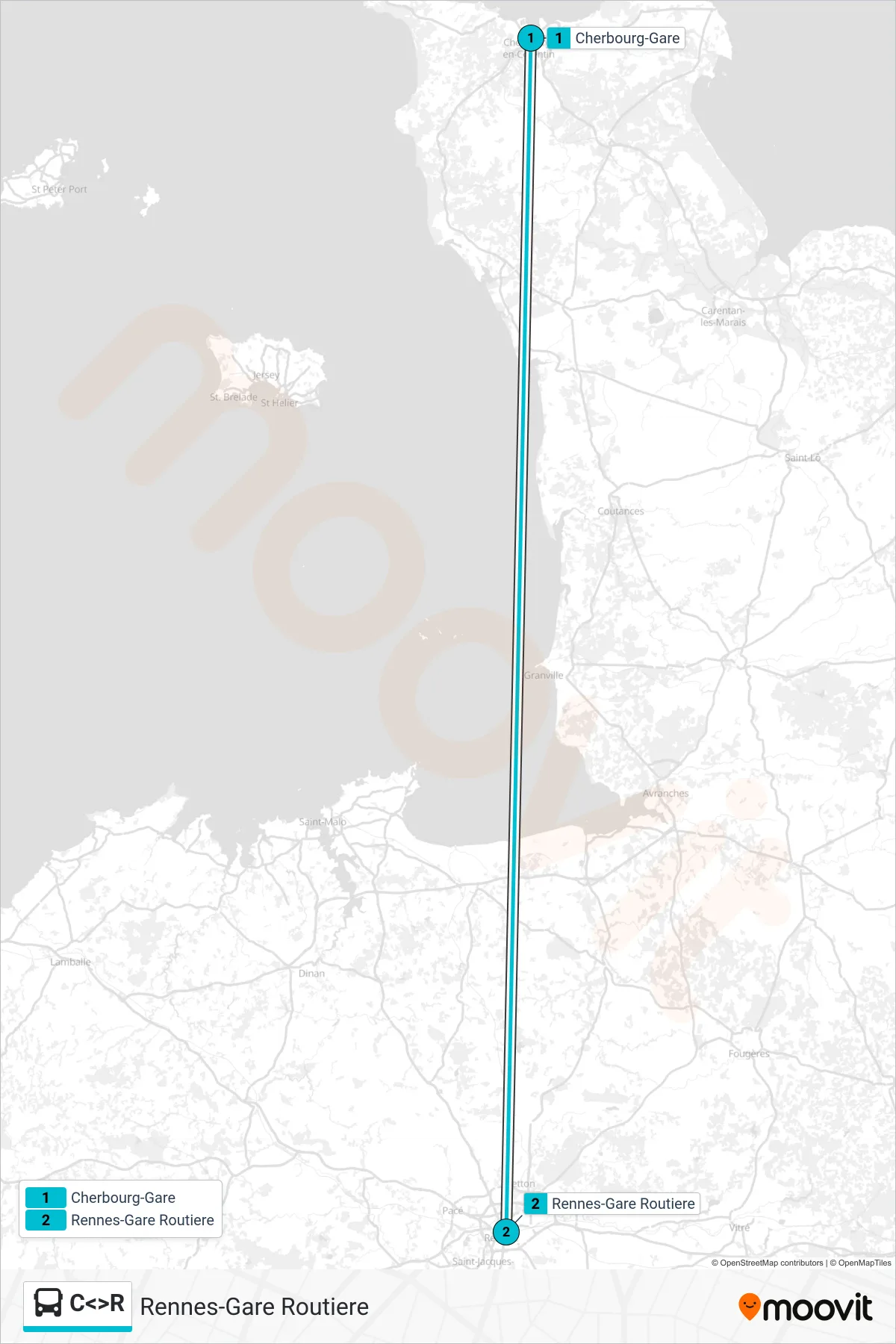 Tracé et arrêts de la ligne C<>R de bus (Rennes-Gare Routiere) sur une carte