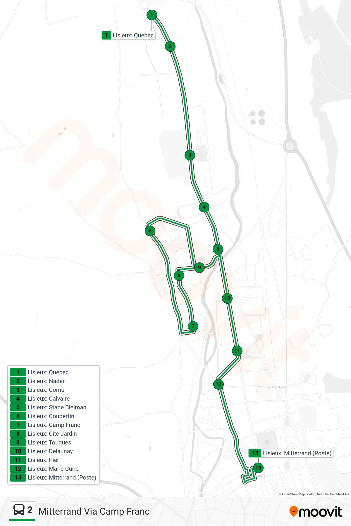 Tracé et arrêts de la ligne 2 de bus (Mitterrand Via Camp Franc) sur une carte