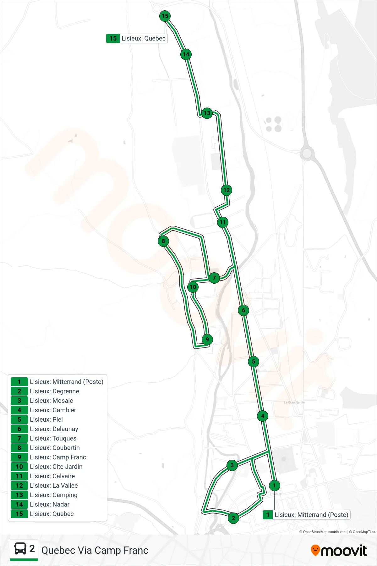 Tracé et arrêts de la ligne 2 de bus (Quebec Via Camp Franc) sur une carte