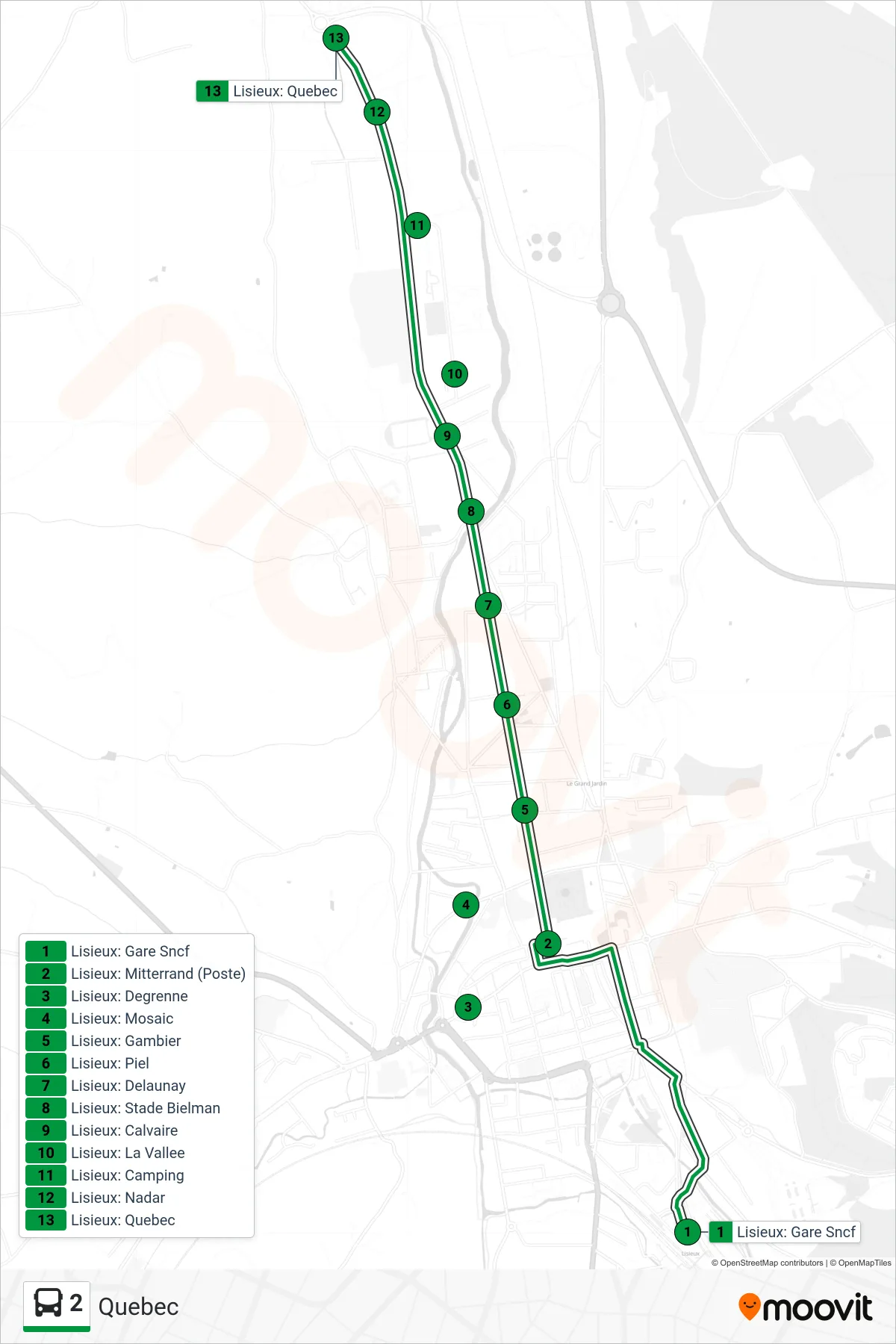 Tracé et arrêts de la ligne 2 de bus (Quebec) sur une carte